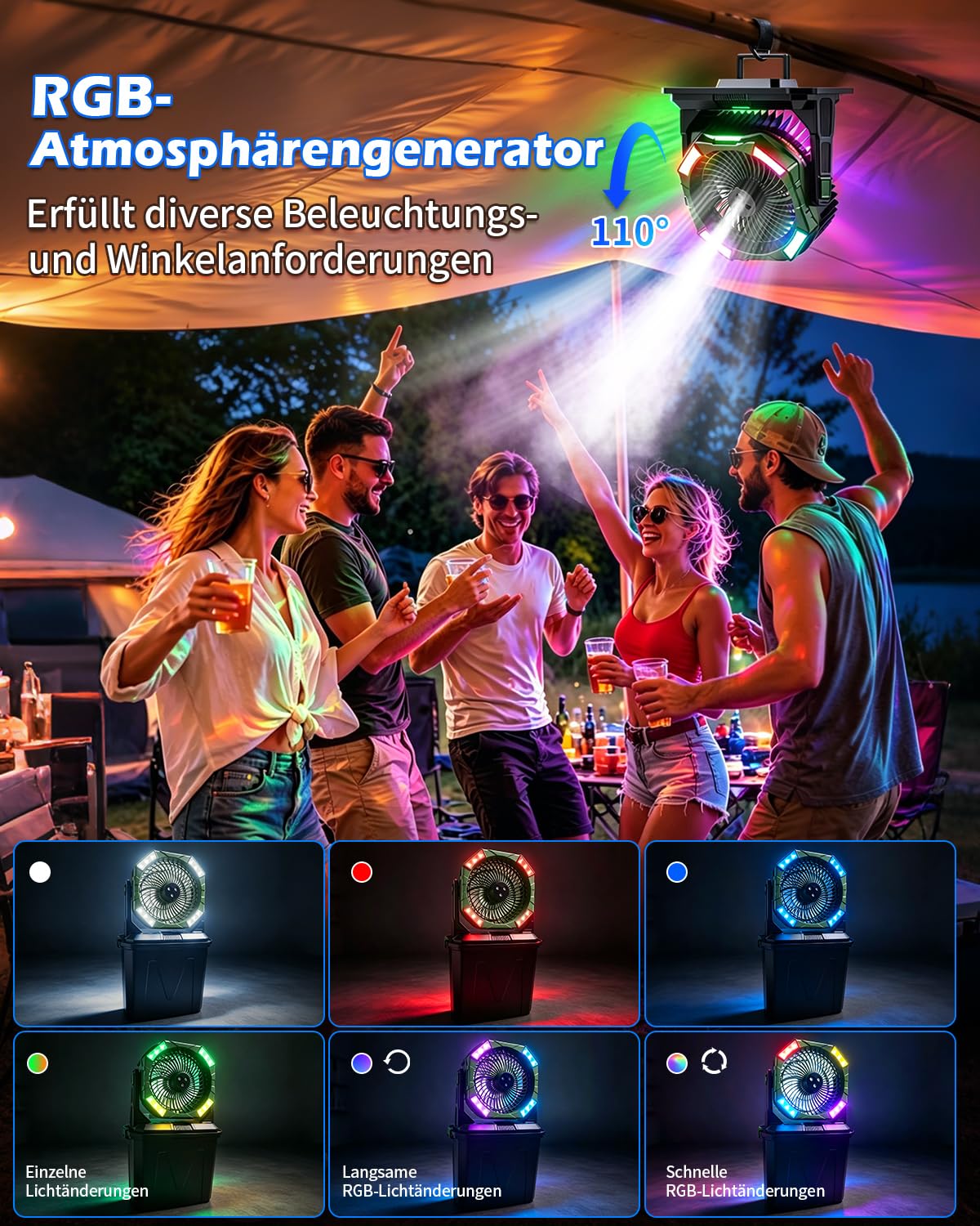 yAyusi 10L Großer Tragbarer Nebelventilator für Außenbereich mit RGB-Beleuchtung, 3-in-1 20000mAh Akku-Wasservernebler mit Fernbedienung＆Timer, 4 Sprühmodi Windgeschwindigkeit für Terrasse (Grüne)