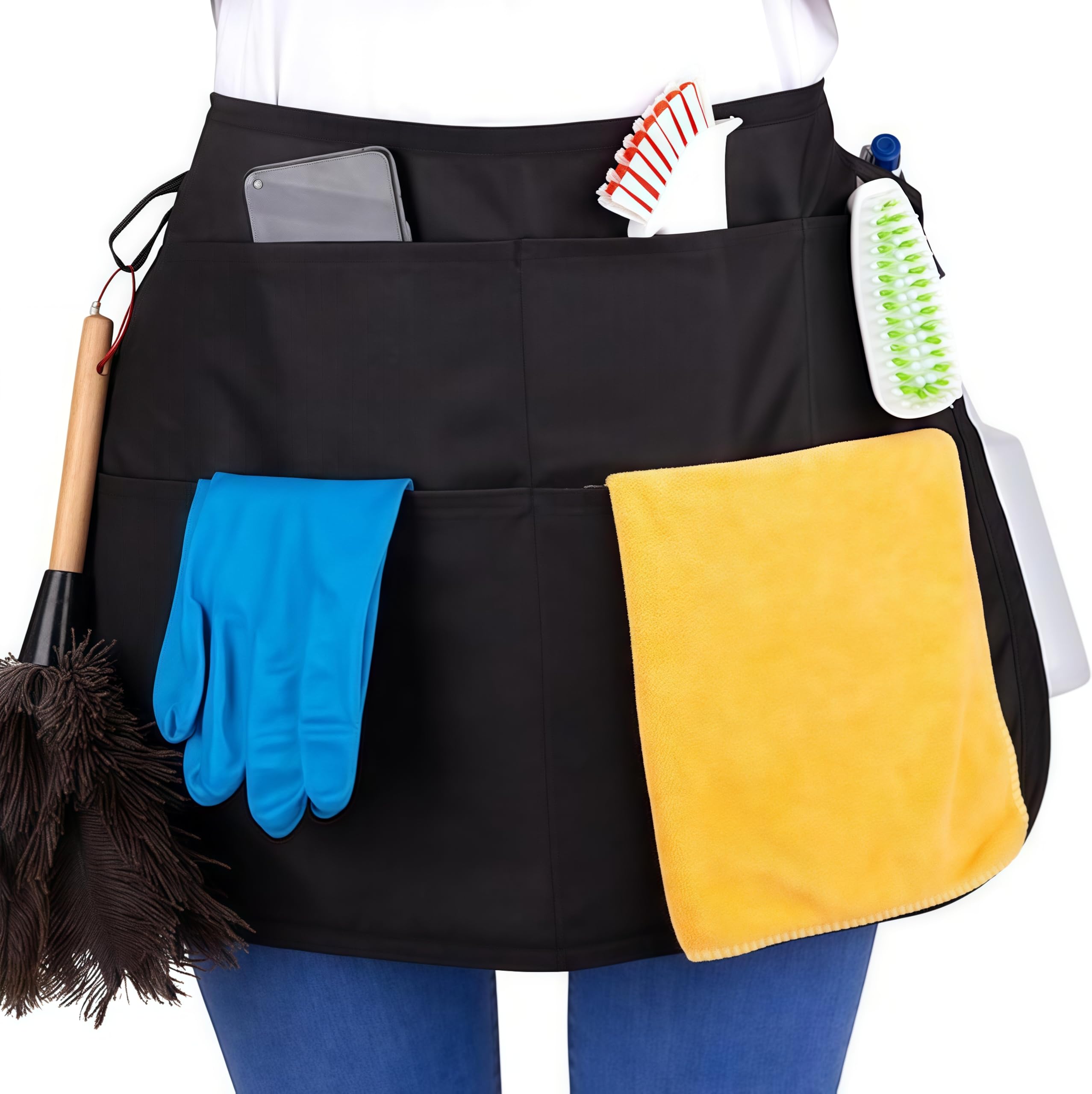 2 Pack Black Waist Apron for Cleaning & Catering, Waterproof Half Aprons with 3 Pockets, Professional Short Server Apron for Waitress Waiter Bartender, Durable Housekeeping Work Pouch (Black)
