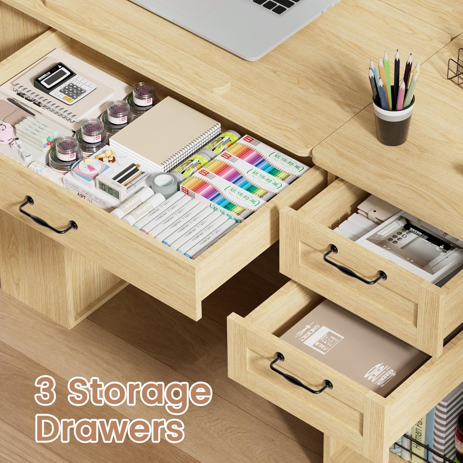 Crafting Table with Storage Cabinet & Drawers, Adjustable Drafting Table with Open Shelves, Drawing Computer Desk, Painting Desk, Workstation for Home Office Reading, Writing, Craftin