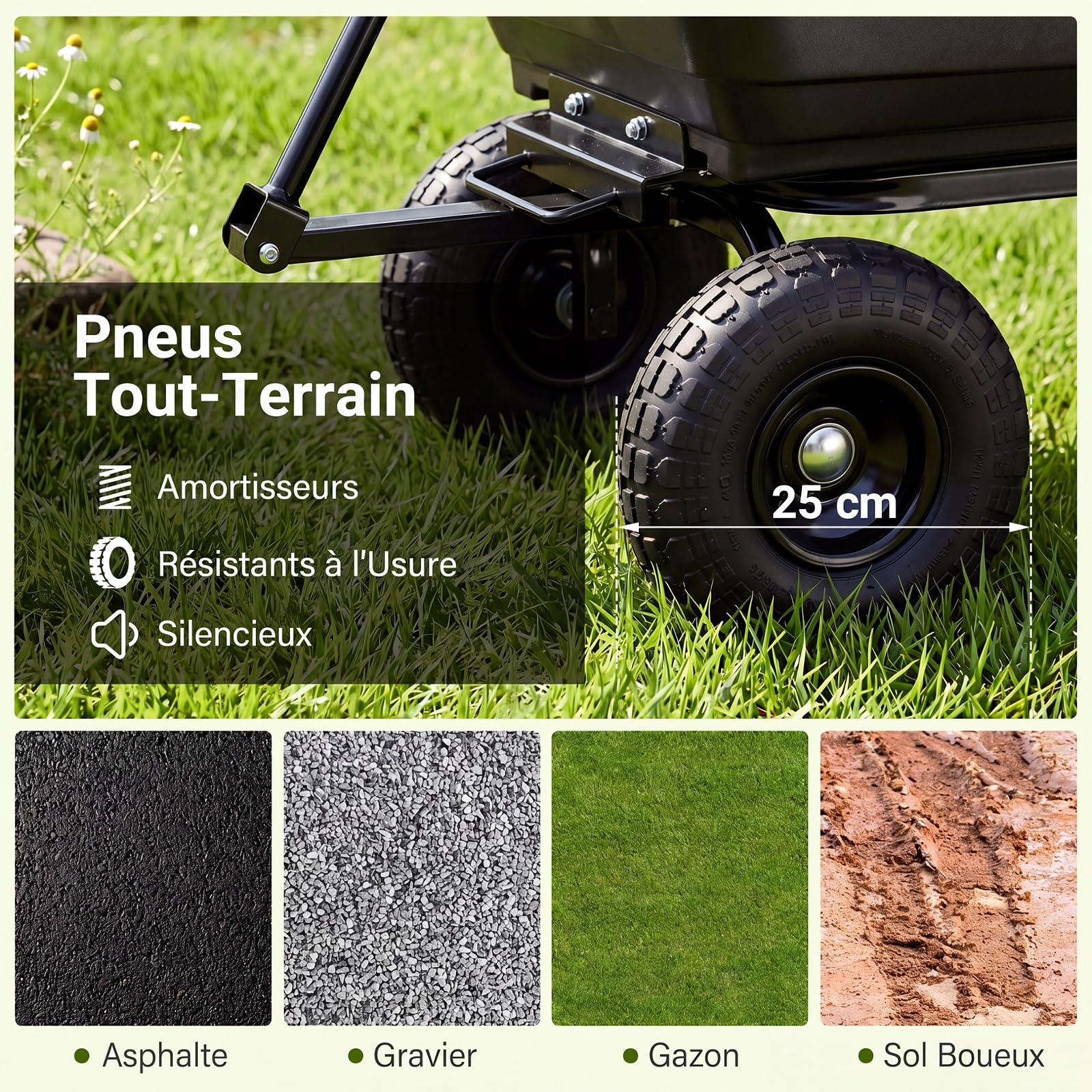 COSTWAY Chariot de Jardin avec Benne Basculante 75 L, Brouette de Transport avec Poignée Réglable 4 Grandes Roues Tout-Terrain Cadre Métallique, Charge 300 kg, pour Terrasse Camping Shopping