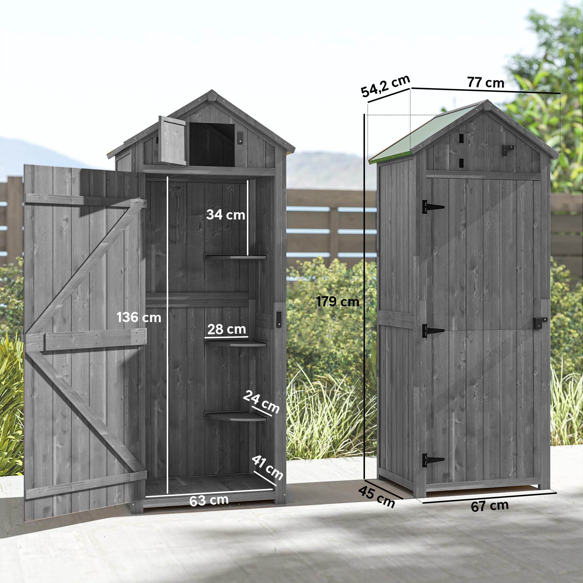 Outsunny Gartenschrank Holz, Geräteschuppen wetterfest 77x54,2x179cm, Gerätehaus mit Tür, Satteldach, Geräteschrank mit Böden, Werkzeugschrank Gartenschuppen für Garten, Terrasse, Grau+Grün