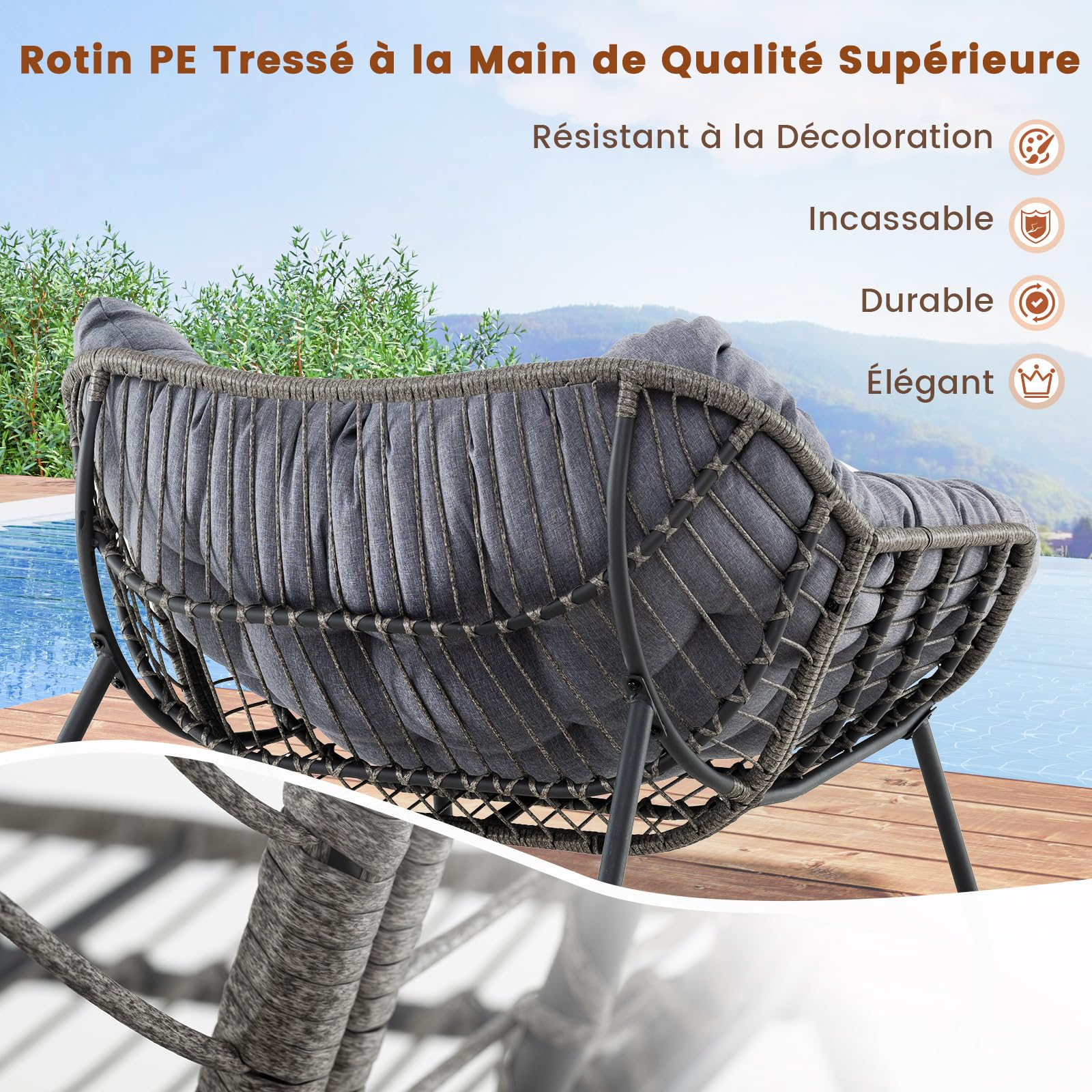 COSTWAY Fauteuil a Bascule Exterieur Interieur, Rocking Chair en Rotin PE, Coussin Épais Amovible, Bande Antidérapante, Fauteuil Œuf pour Balcon Porche Salon, Charge 150 kg, 98 × 98 × 87 cm (Gris)