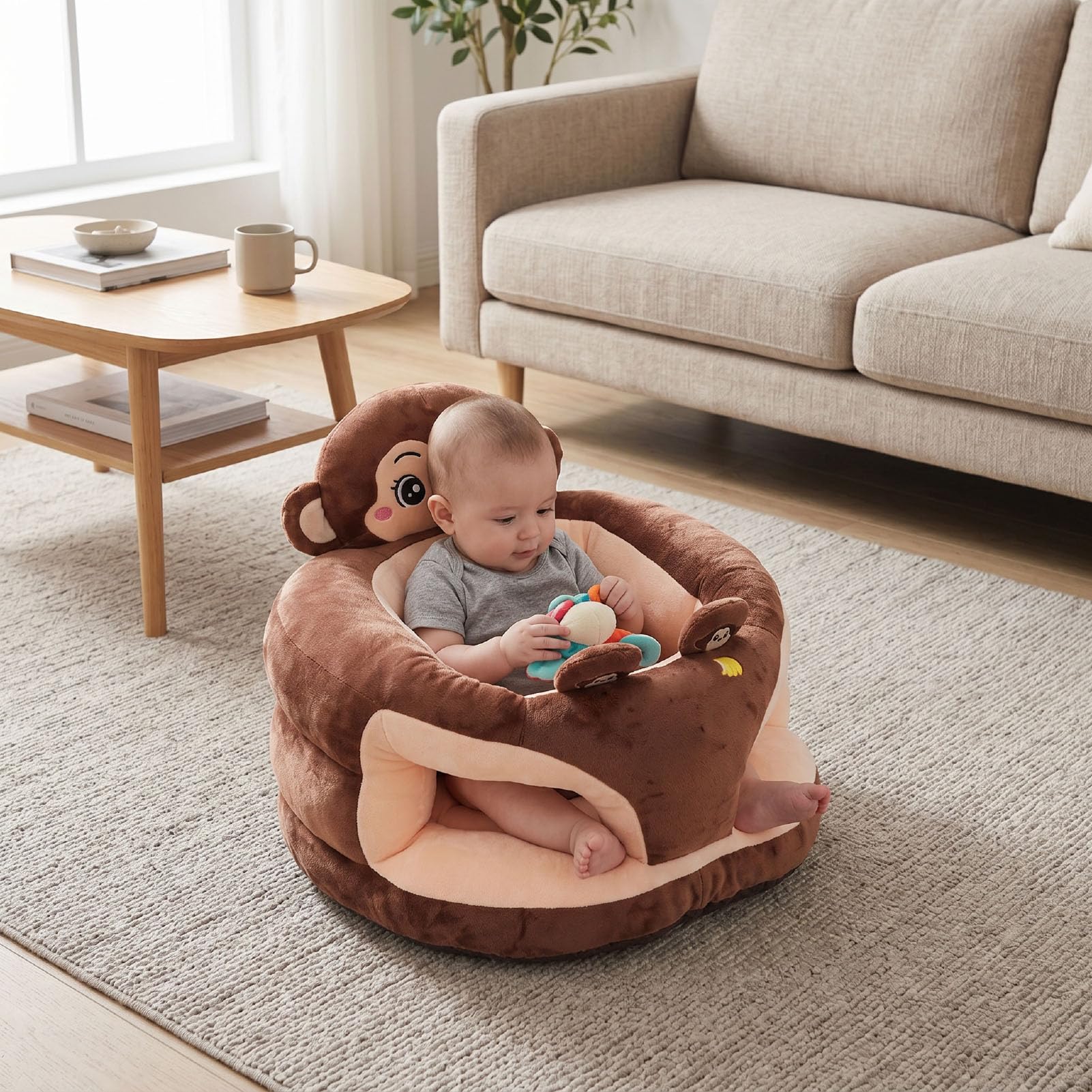 ZJchao Silla para Aprender a Sentarse para bebé, sofá de Apoyo para Sentarse de Felpa con Respaldo para Sala de Estar en Casa (mono marrón)