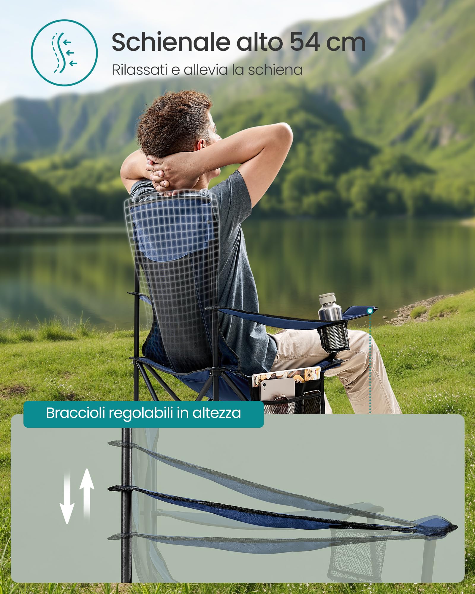 SONGMICS Set di 2 Sedie da Campeggio Traspiranti, Sedie Pieghevoli da Esterno con Schienale Alto, Braccioli Regolabili, Portabevande, Portata 150 kg, per Giardino, Cortile, Blu Porto GCB028Q01