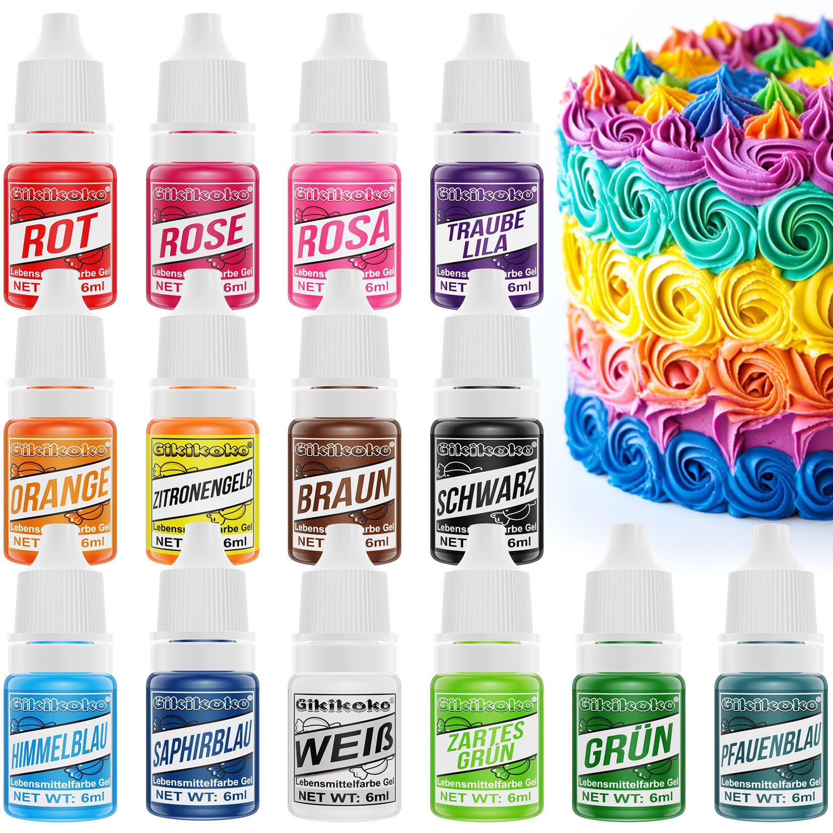 Lebensmittelfarbe Gel - 14 Farben Kuchen Lebensmittelfarben Hochkonzentriertes, Food Coloring, Lebensmittel Farbe für Backen, Macaron, Kuchen, Fondant, Zuckerguss, Donuts, Kekse - 6ml