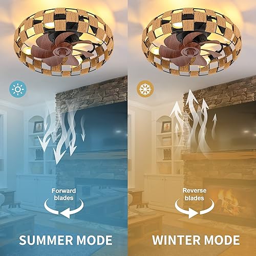 Miniatura 5 de Ventilador de techo de perfil bajo con luz, 18 pulgadas de cuerda de cáñamo enjaulada sin aspas con 4 bombillas y control remoto, pequeño ventilador