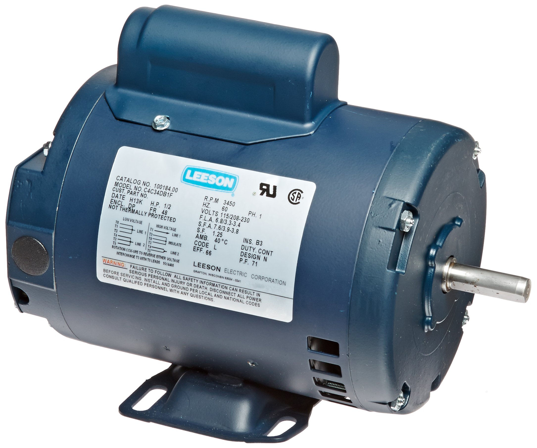 Leeson 100184.00 General Purpose ODP Motor, 1 Phase, 48 Frame, Rigid Mounting, 1/2HP, 3600 RPM, 115/208-230V Voltage, 60Hz Fequency