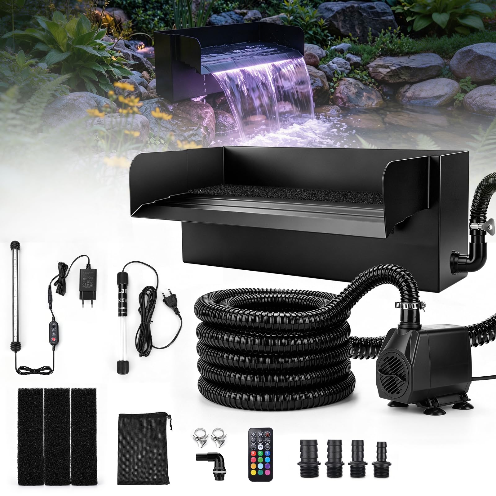 45W Wasserfall Teich mit UV Klärer und Fernbedienung RGB Beleuchtung | 30cm Edelstahl Wasserfall Set für Verschiedene Wasserspiel Variationen, Wasserspiel Garten Deko Wasserkaskade 3000L/H