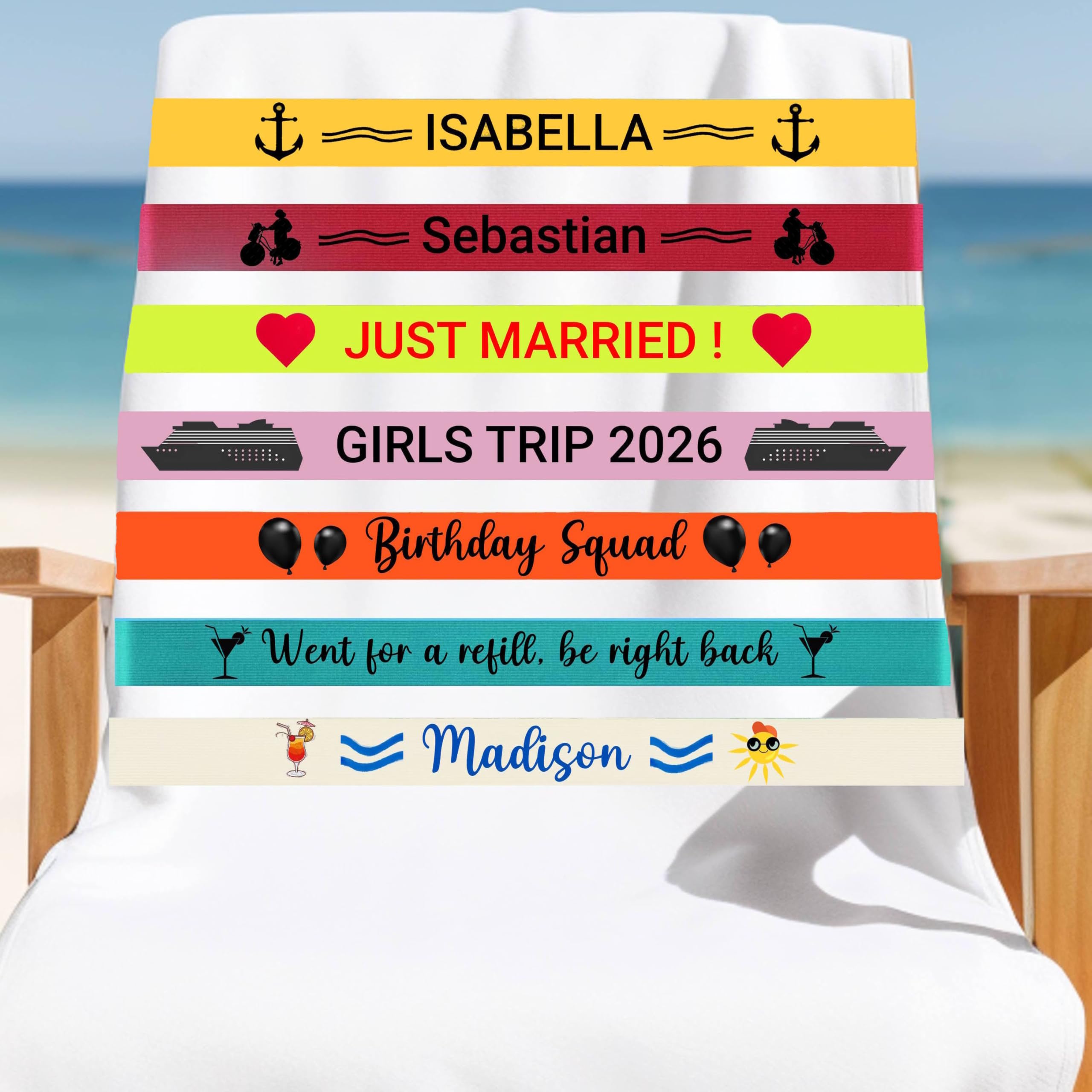 Custom Towel Band for Cruise Chairs, Personalized Cruise Ship Essentials, Stretchable Towel Holder, Elastic Strap, Windproof for Pool Boat Beach (