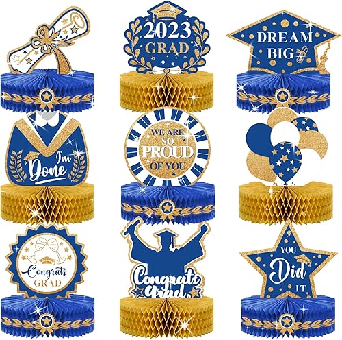 NICROLANDEE 9 piezas de decoraciones para fiesta de graduación clase de 2023, centro de mesa de graduación azul marino para mesa, centros de mesa de