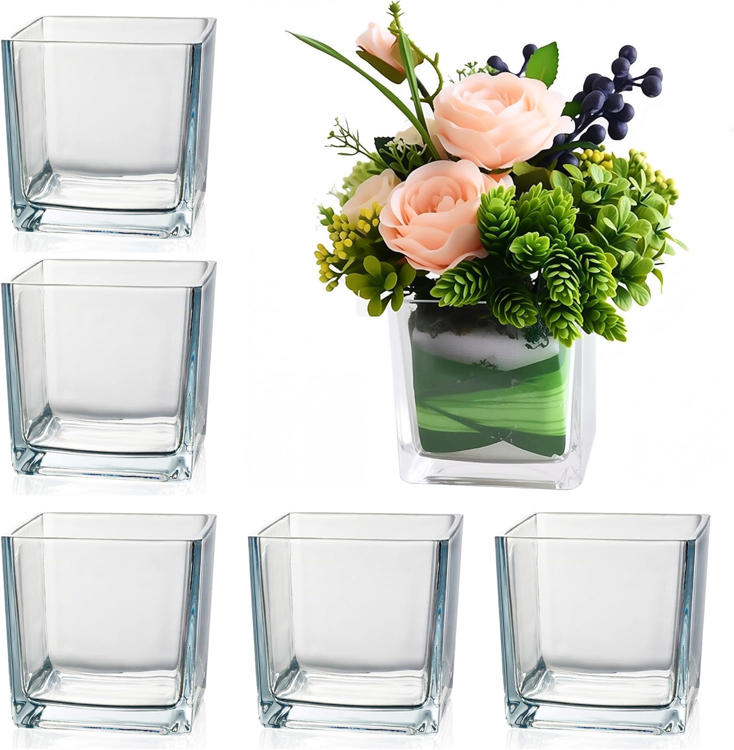 Set of 6 Square Glass Vases for Centerpieces – 5in x 5in x 5in Clear Short Flower Vase, Plant Terrariums, or Candle Holders for Wedding Centerpieces, Office Decor, Home Décor, Parties