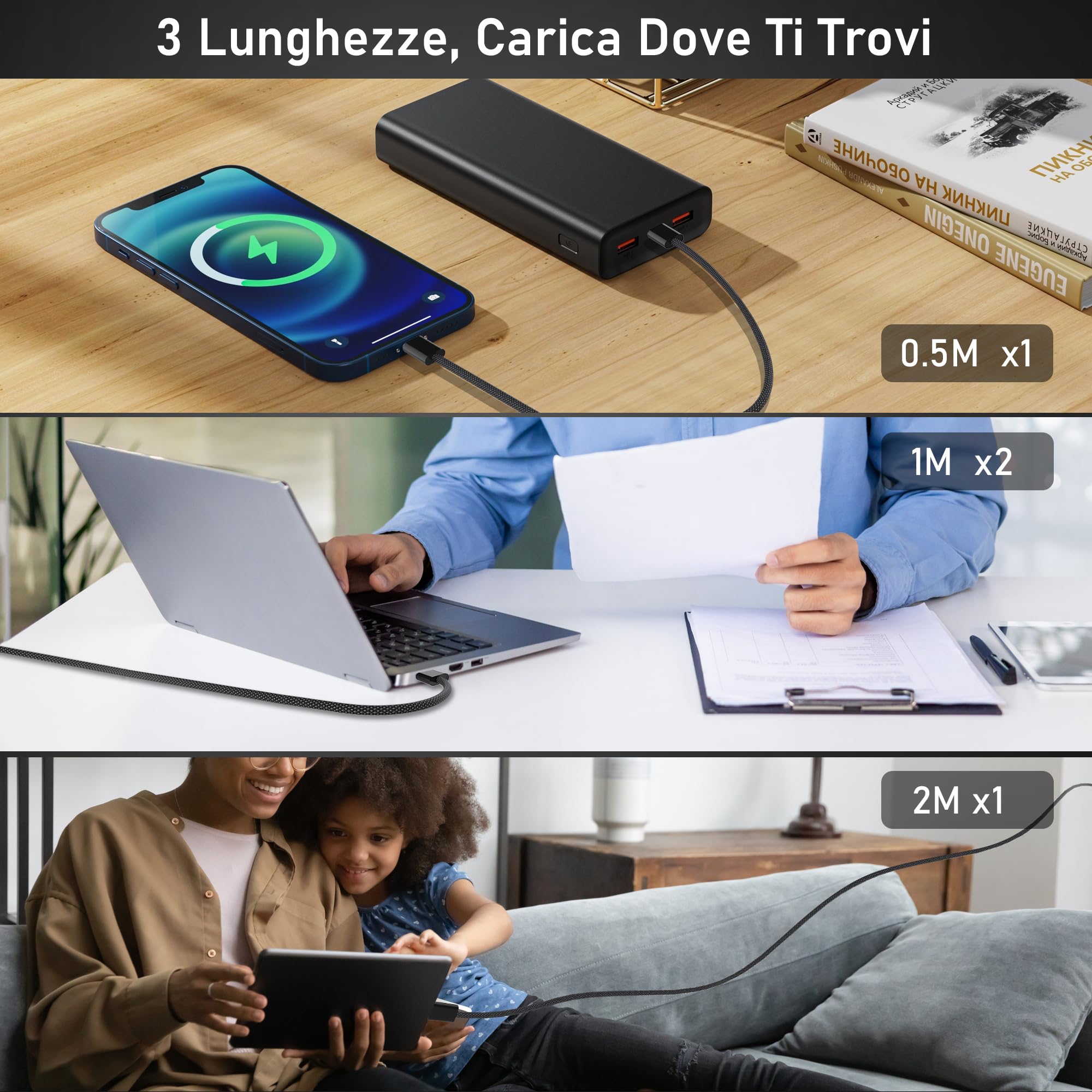 Anysea Cavo USB C to USB C 3A - [60W/2M+1M+1M+0.5M] Cavo USB Type C to Type C Ricarica Rapida Cordone di Ricarica Intrecciato Compatibile con iPhone 16 15 PRO Max Galaxy S24 S23 Pixel iPad MacBook