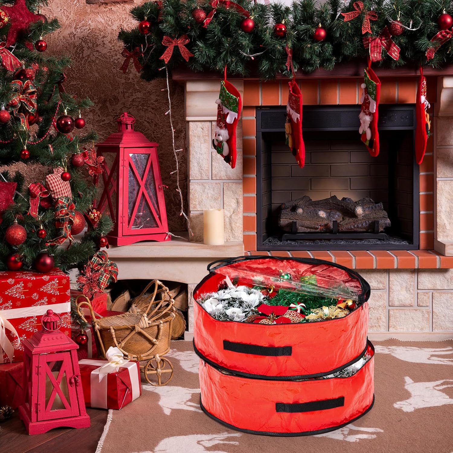 4 Pcs Christmas Wreath Storage Bag, Christmas Garland Storage Container with Clear Window, Zipper & Handle for Xmas Holiday Seasonal Wreath Garland Box(Red,24")