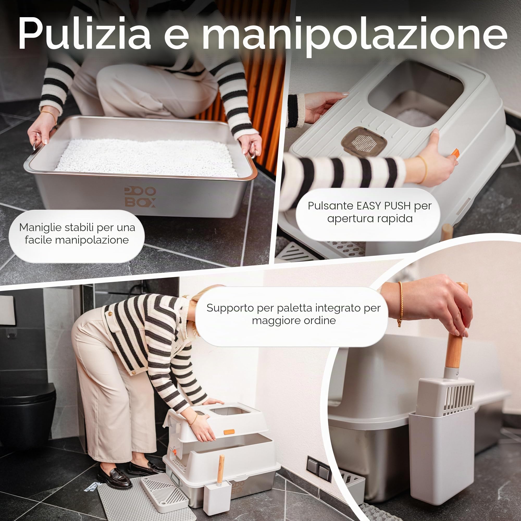 Lettiera per gatti in acciaio inox con coperchio a tenuta stagna, 3 in 1, chiusa, aperta, con filtro antiodore, tappetino e gradino, in acciaio inox, per gatti