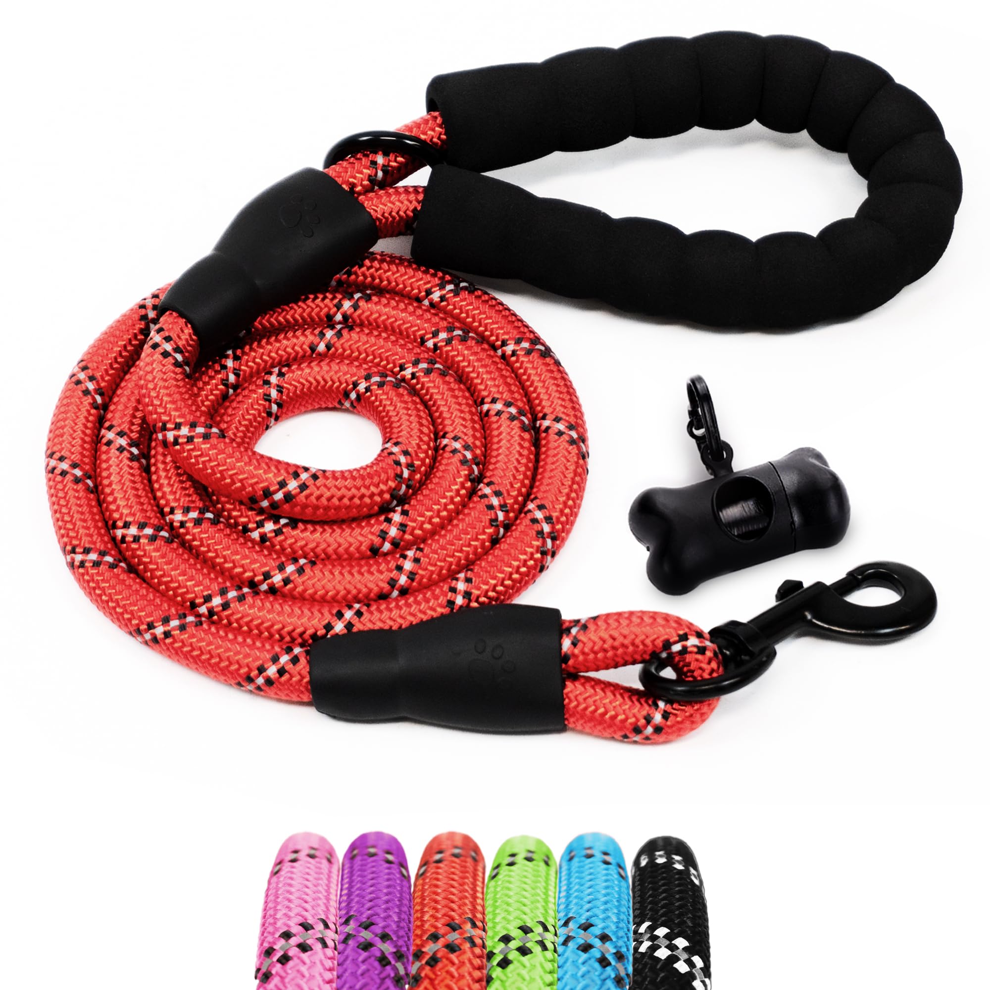 1.5m (5ft) Slip-On Dog Lead - One-Size-Fits-All Leash with Soft Padded Handle & Highly Reflective Threads - Durable & Weather Resistant Climbers Rope for Dogs - Waste bag dispenser included