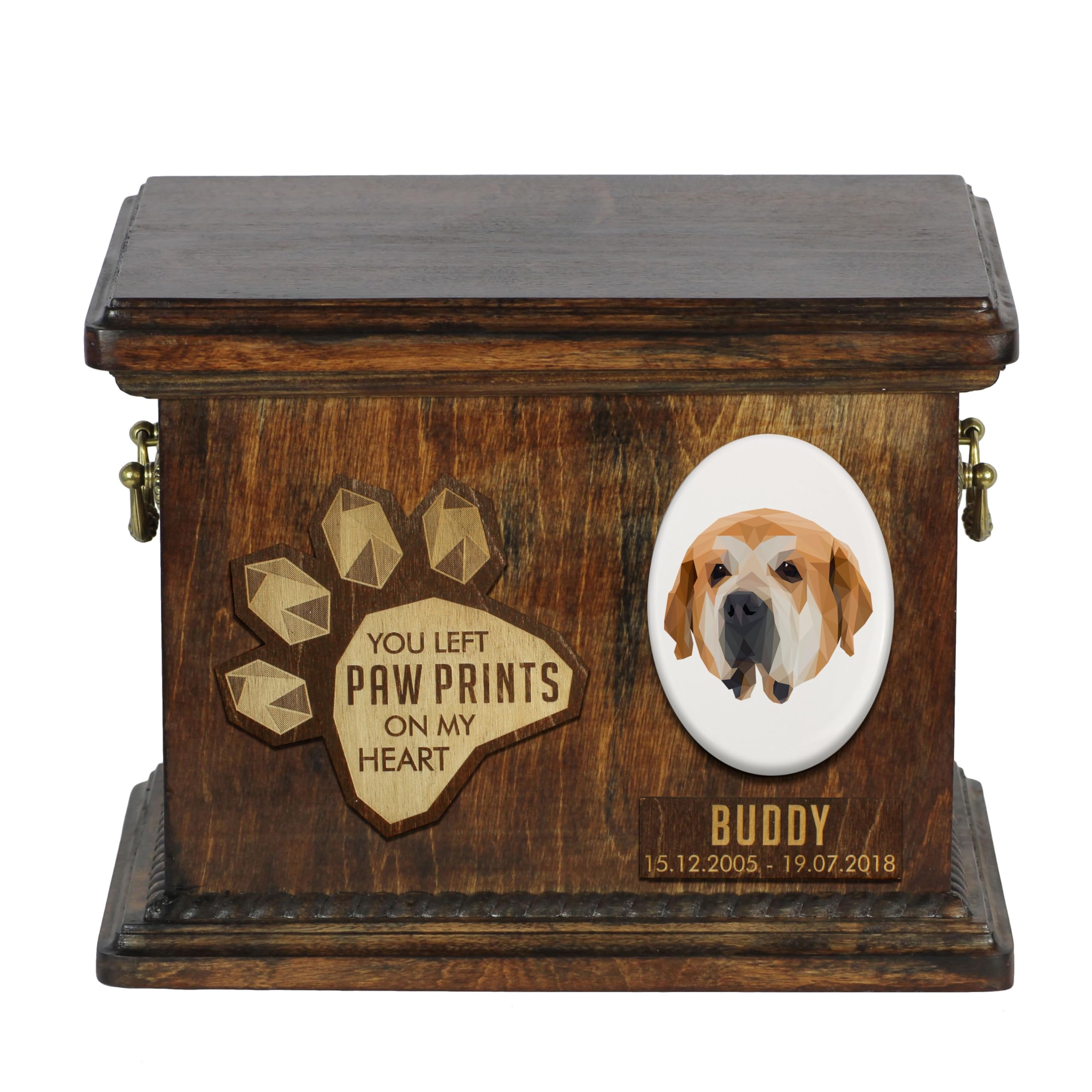 Art-Dog Custom Geometric Dog Memorial Urn - Handmade Wooden Urn – Decorative Ceramic Plate - Custom-made Dog Cremation Box for Ashes - 8,3x11,4x8,7” – Spanish Mastiff — image 1