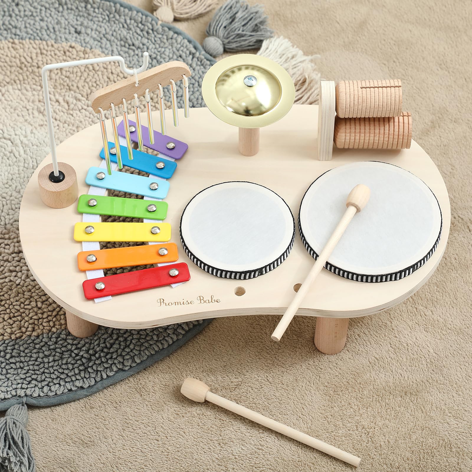 Promise Babe Wooden Musical Instruments for Toddlers 1-3, Percussion Instruments for Kids Baby Drum Set Xylophone, Montessori Educational Musical Toys, Gifts for Girls Boys Christmas - 5