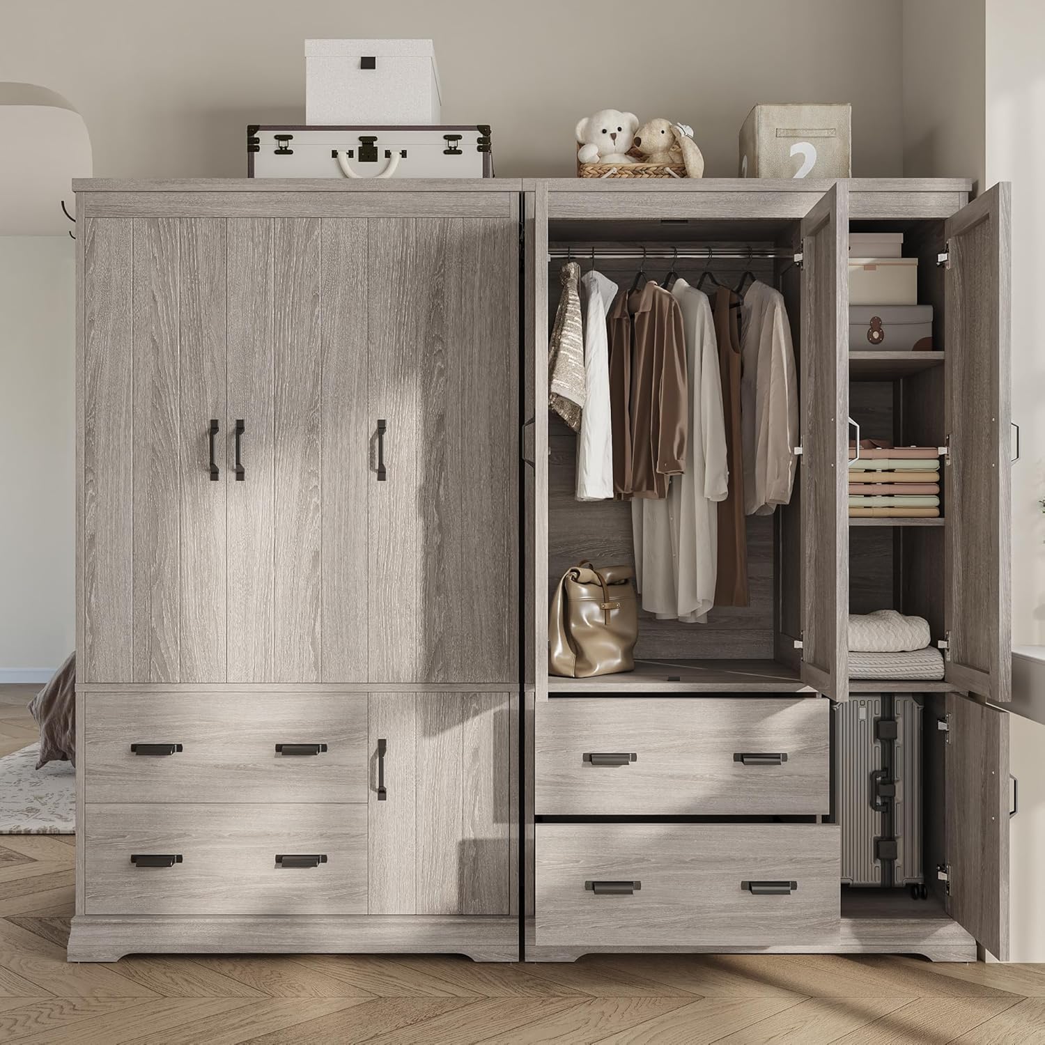 LIKIMIO Wardrobe Closet, 70" Tall 4 Doors Large Wooden Closet with 2 Drawers, 3 Shelves Bedroom Armoire with Hanging Rod, Freestanding Storage Cabinet for Hanging Clothes, Grey