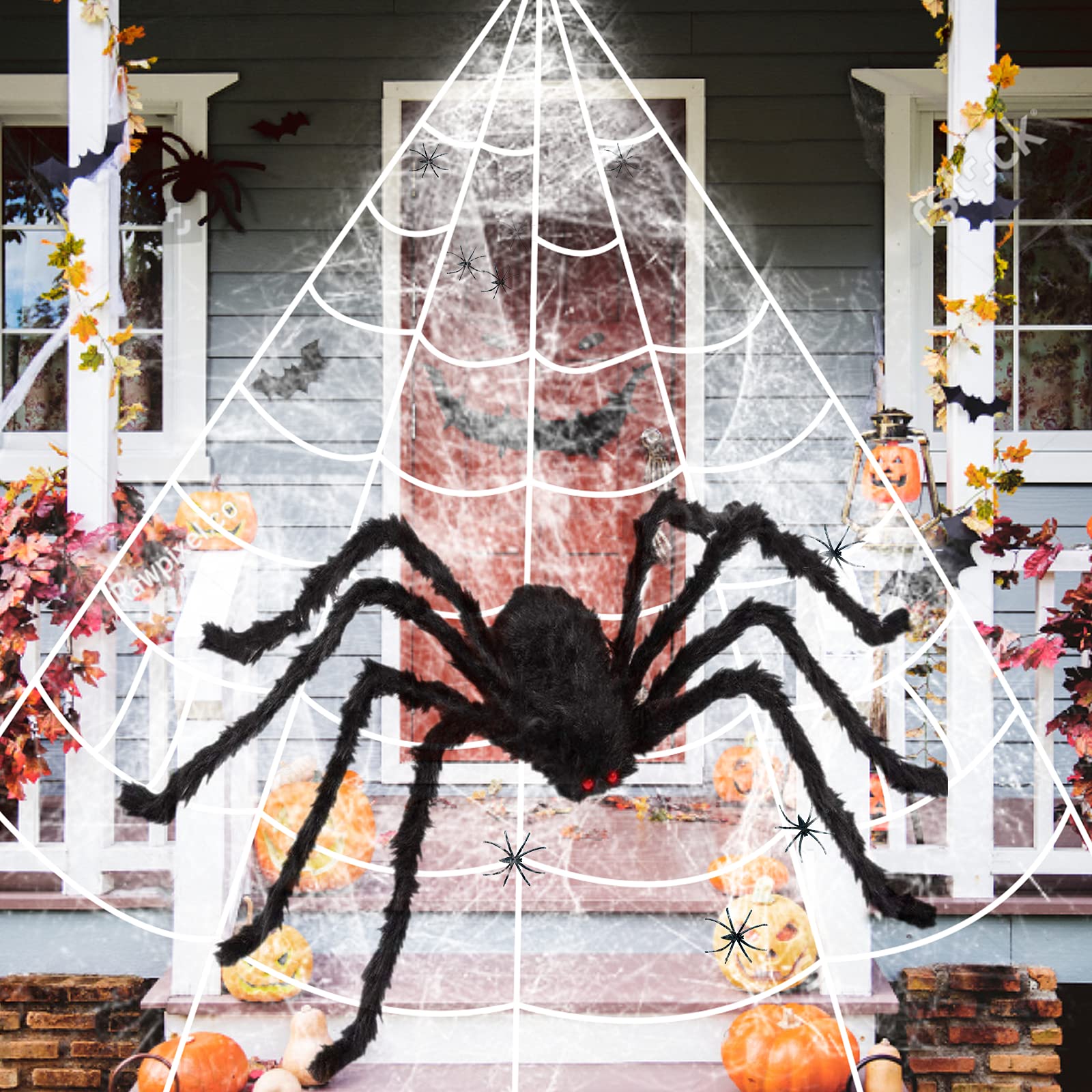 Maylai 276'' Halloween Triangle Spider Web+59'' Giant Spider Decoration+40 g Stretch Cobwebs Spider Webs+10 Small Fake Spiders for Yard Lawn Home Costumes Party Haunted House Décor