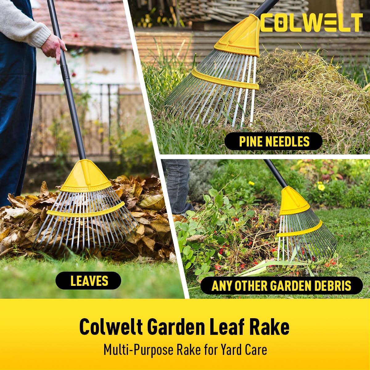 Colwelt Gartenrechen für Blätter, 183 cm, 22 Zinken, Rechen für die Gartenarbeit, mit 44 cm breitem Kopf, Laubbesen für Rasen mit langem Griff, Laubrechen für Strauch, Gras, Schmutz, Kiefernnadeln
