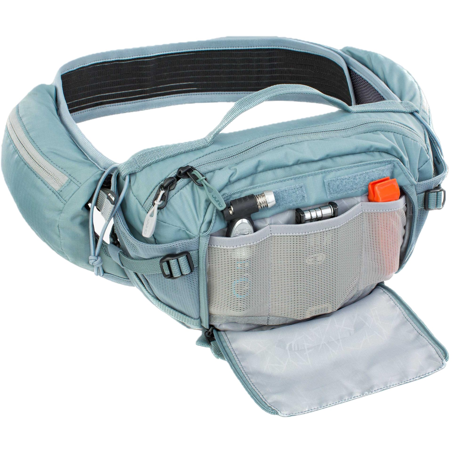 Torba biodrowa EVOC HIP PACK PRO E-RIDE 3 na wycieczki rowerowe i szlaki (pojemność 3 l, AIRFLOW CONTACT SYSTEM, pas biodrowy AIRO FLEX, system VENTI FLAP, koszyk na bidon), kolor: stalowo-szary