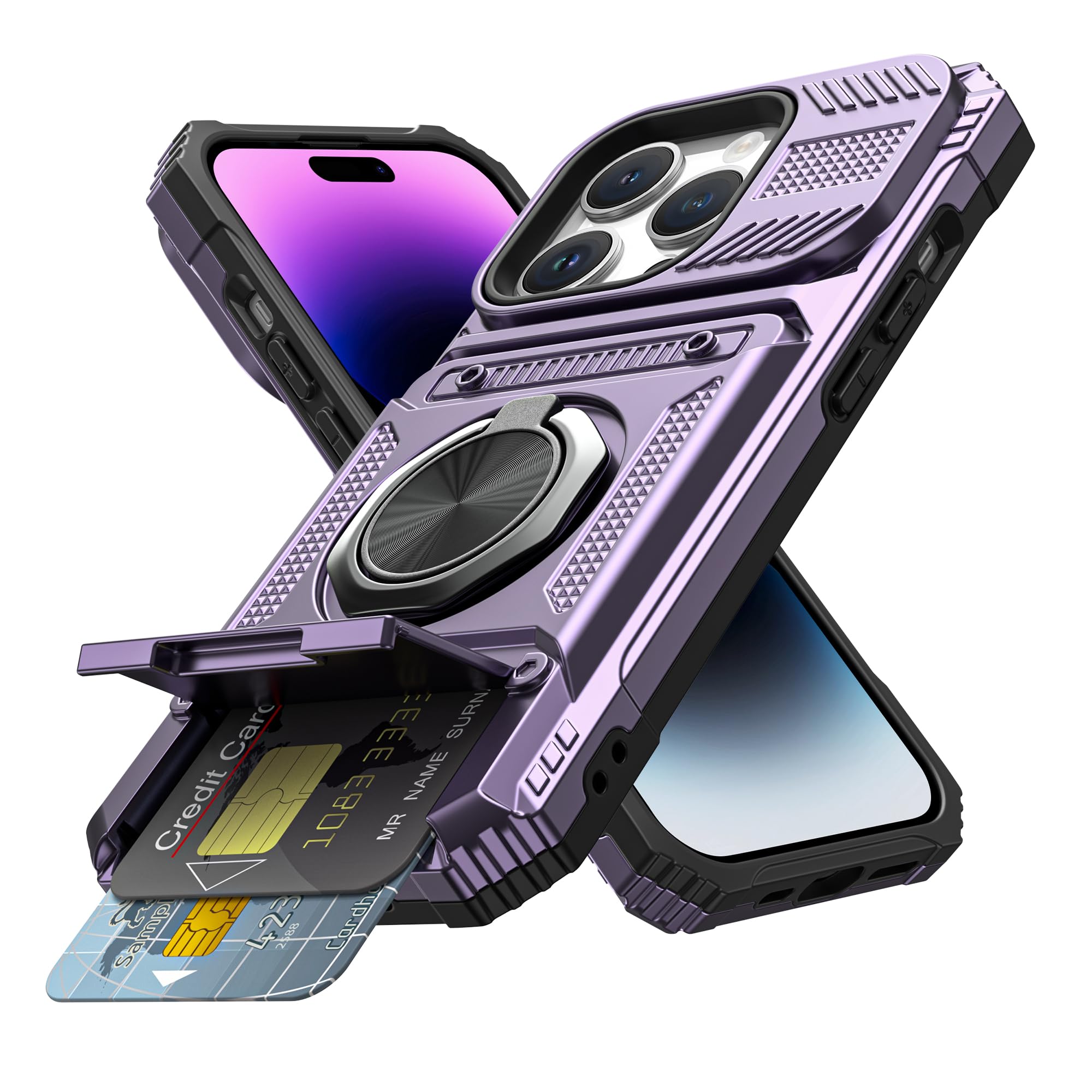 Vofolen for iPhone 14 Pro Wallet Case with Card Holder [Store 2 Cards] + 360° Magnetic Rotatable Ring Stand Kickstand Heavy Duty Protective Wallet