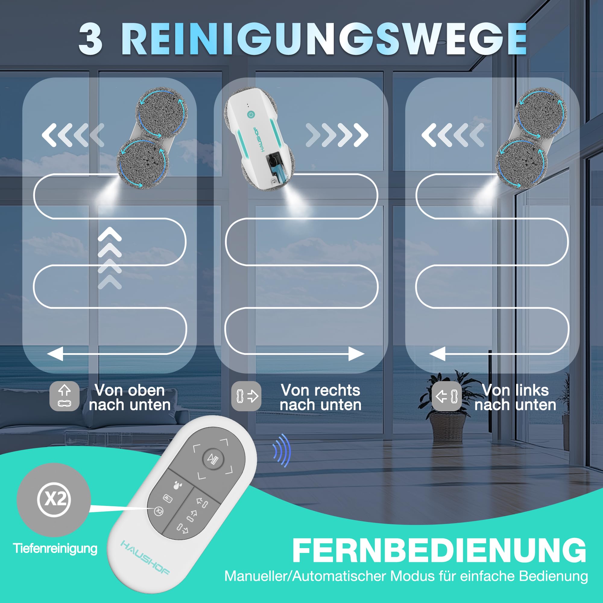 HAUSHOF Fensterputzroboter mit Sprühfunktion, 3800PA Elektrischer Fensterputzer, Intelligenter Navigation, Fernbedienung, Mit Glasreiniger & Tüchern, Zweifacher Schutz, Für Innen- & Außenfenster