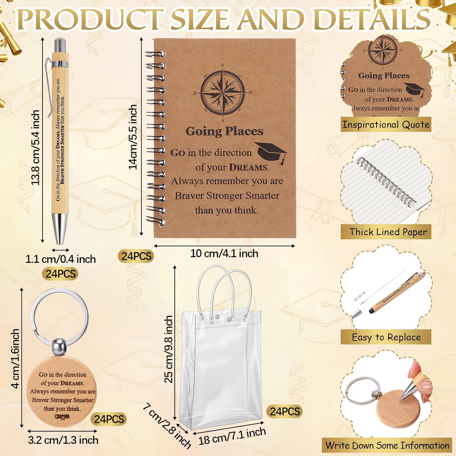 120 Pcs 2026 Graduation Gifts Bulk Set with 17 oz Clear Cups Inspirational Spiral Notebooks with Motivational Pens Keychain Bag Gifts for College Students Teacher School(Going Places)