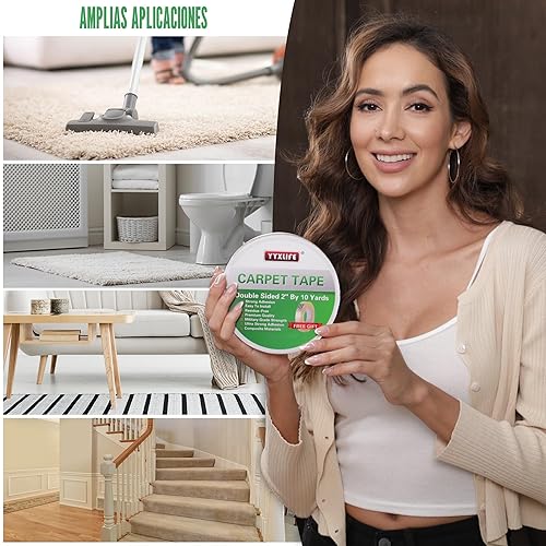 Miniatura 3 de YYXLIFE - Cinta adhesiva de doble cara extraíble para alfombras - Cinta adhesiva para alfombras para suelos de madera dura, cinta antideslizante