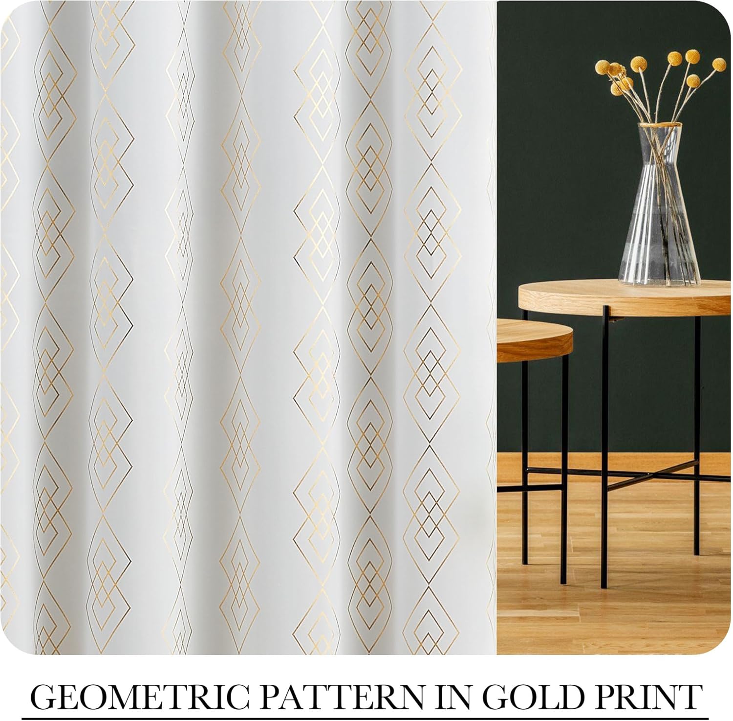 100% Blackout Curtains for Berdoom, Gold on White Metallic Geometric Diamond Pattern Curtains 84 Inches Long Living Room Darkening Thermal Insulated Drapes Grommet Top Window Curtain, 2 Panels