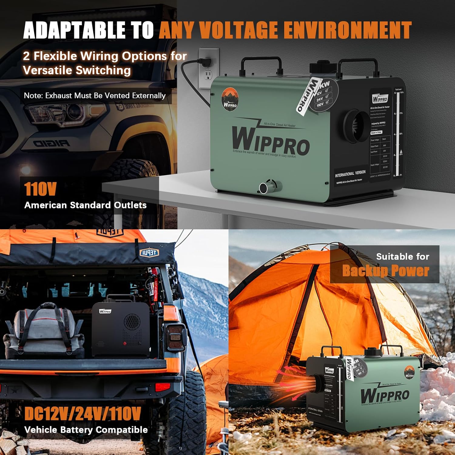 WIPPRO Diesel Heater 8KW 12V 24V 110V All-in-One,2Gal Portable Diesel Air Heater with LCD Switch & Remote Control for Car RV Truck Boat Campervans Caravans Campers(Green）