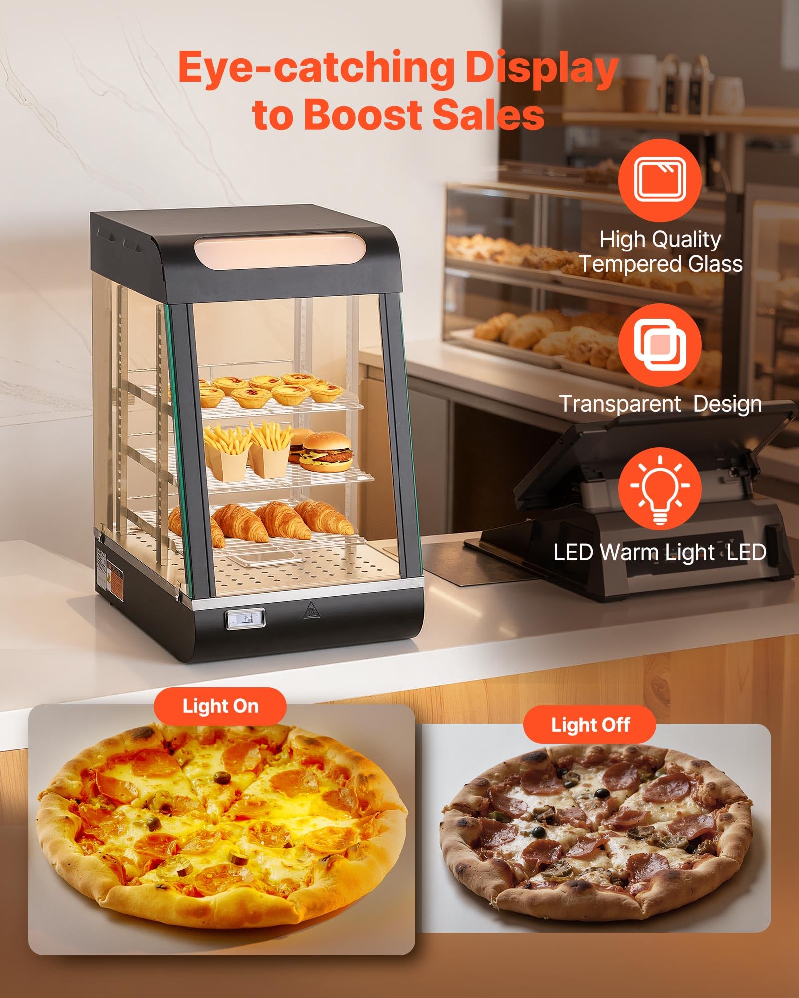 VEVOR Vitrina de Calor para Hostelería 3 Niveles 800 W, Expositor Calentador de Alimentos con 57 L Luz LED, Estantes Extraíbles, 30 °C a 85 °C, para Tapas, Hamburguesas, Pizzas, Pan, Pollo Frito
