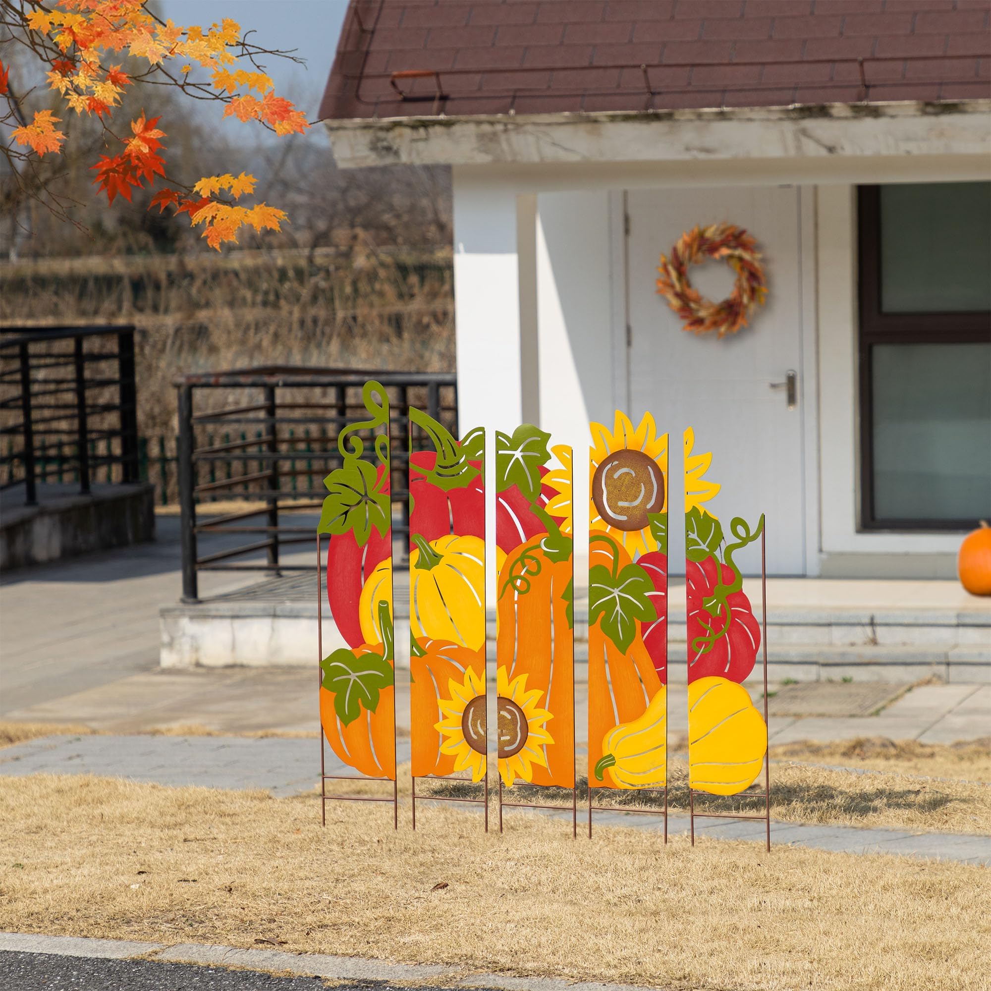 41.75" H Fall Pumpkin Patch Combo Yard Stake, Metal Thanksgiving Pumpkins Sunflower Yard Signs, Decorative Pumpkin Garden Stake for Home Fall Autumn Harvest Halloween Patio Lawn Decor
