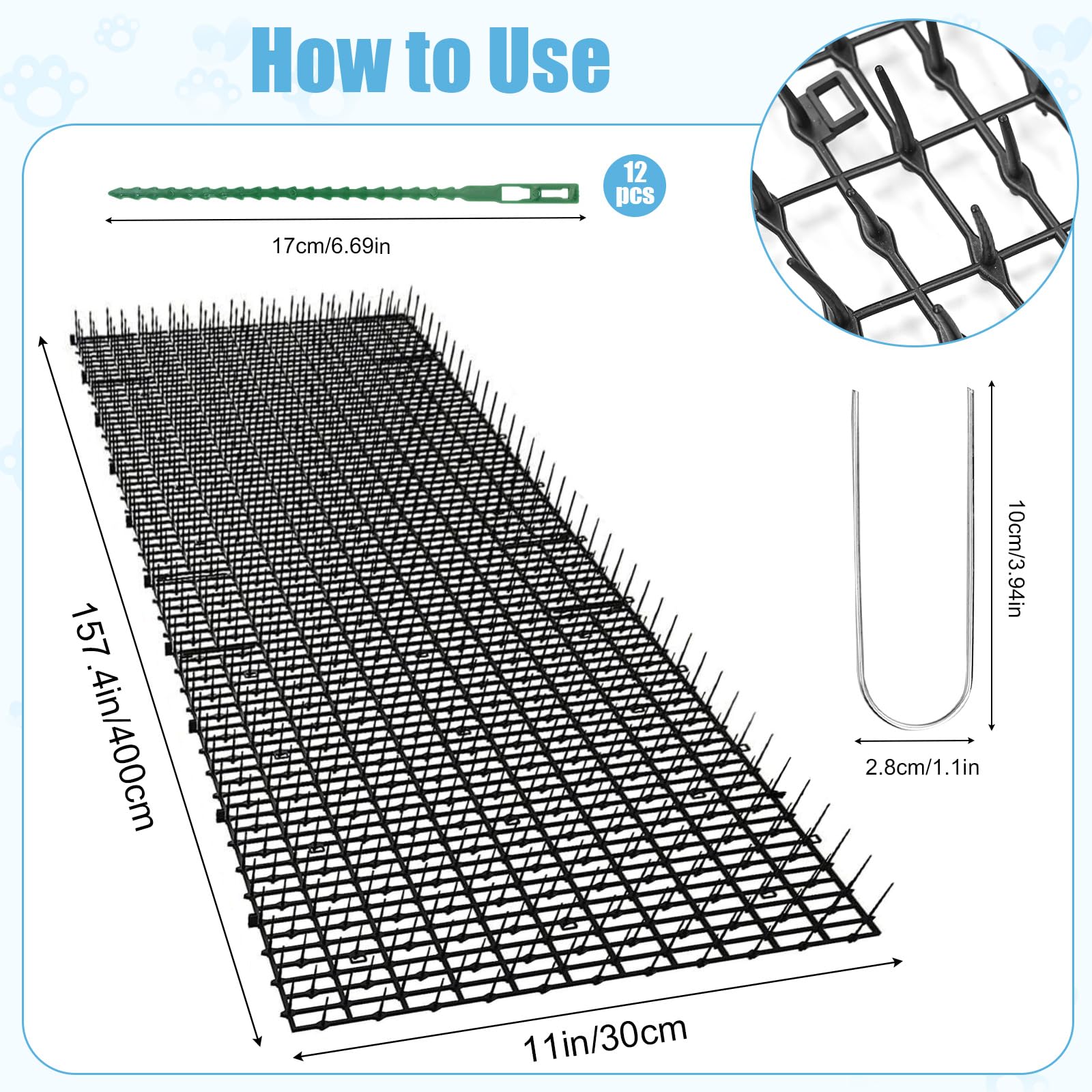 Spikes Anti Cat Spikes – 30 x 400 cm, in plastica nera, tappetino repellente per gatti con 12 pioli a forma di U, strisce di spighe per scavare in rete, per giardino, recinzione, interni, esterni