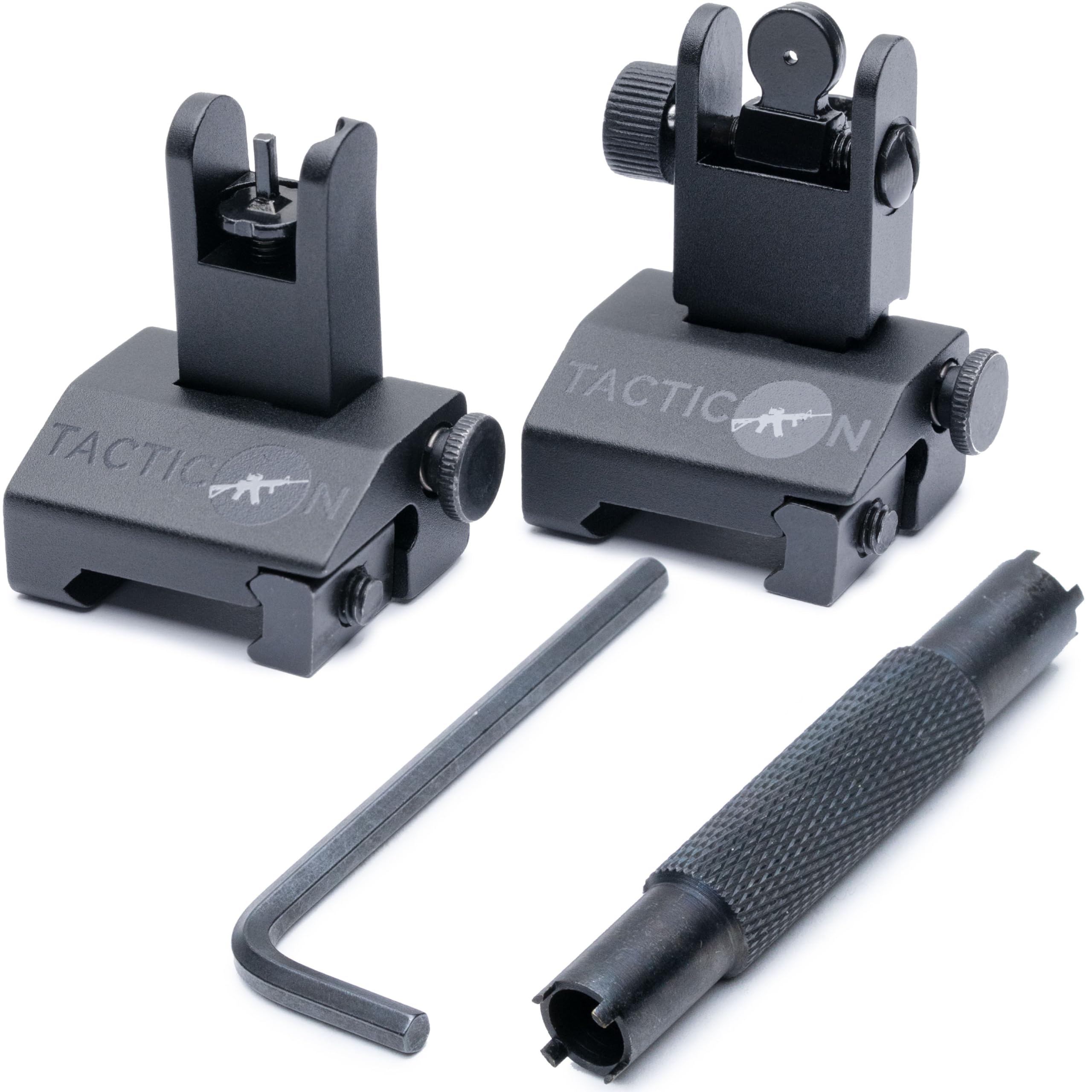 Tacticon Flip Up Iron Sights for Rifle - Front and Rear BUIS Set with Sight Adjustment Tool - Rapid Transition Backup flip up Sights for Picatinny and Weaver Rails - Tactical Rifle Accessories