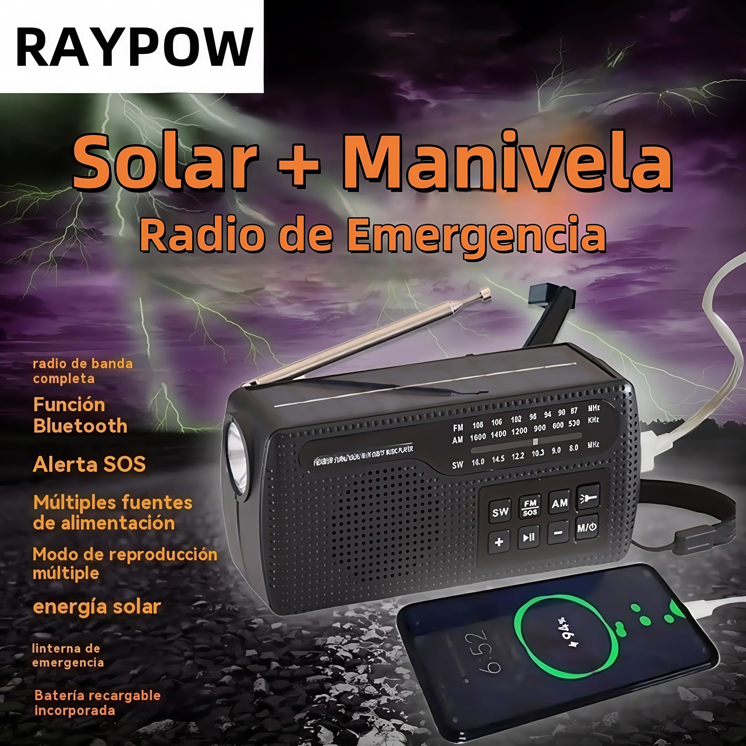 Radio Manivela de Emergencia Portátil, Radio Am/FM/SW Recargable Solar y por Manivela,con Linterna LED,2000mAh Powerbank,Bluetooth 5.0, Cargador Celular, Alarma SOS para Camping y Supervivencia