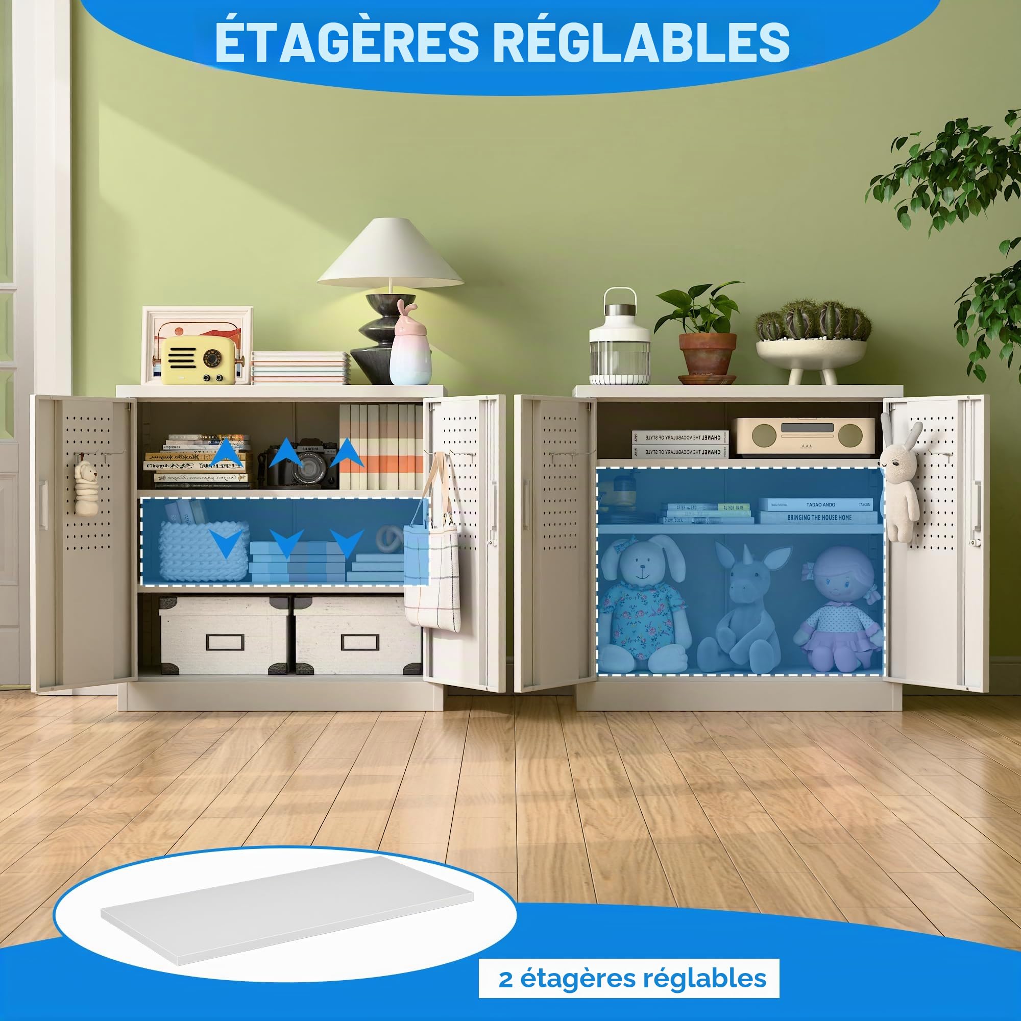 Armoire métallique avec panneau perforé et crochets, 80 cm de haut, 2 étagères réglables, Convient pour la maison, le bureau, la garage, l'école, À assembler soi-même, Blanc