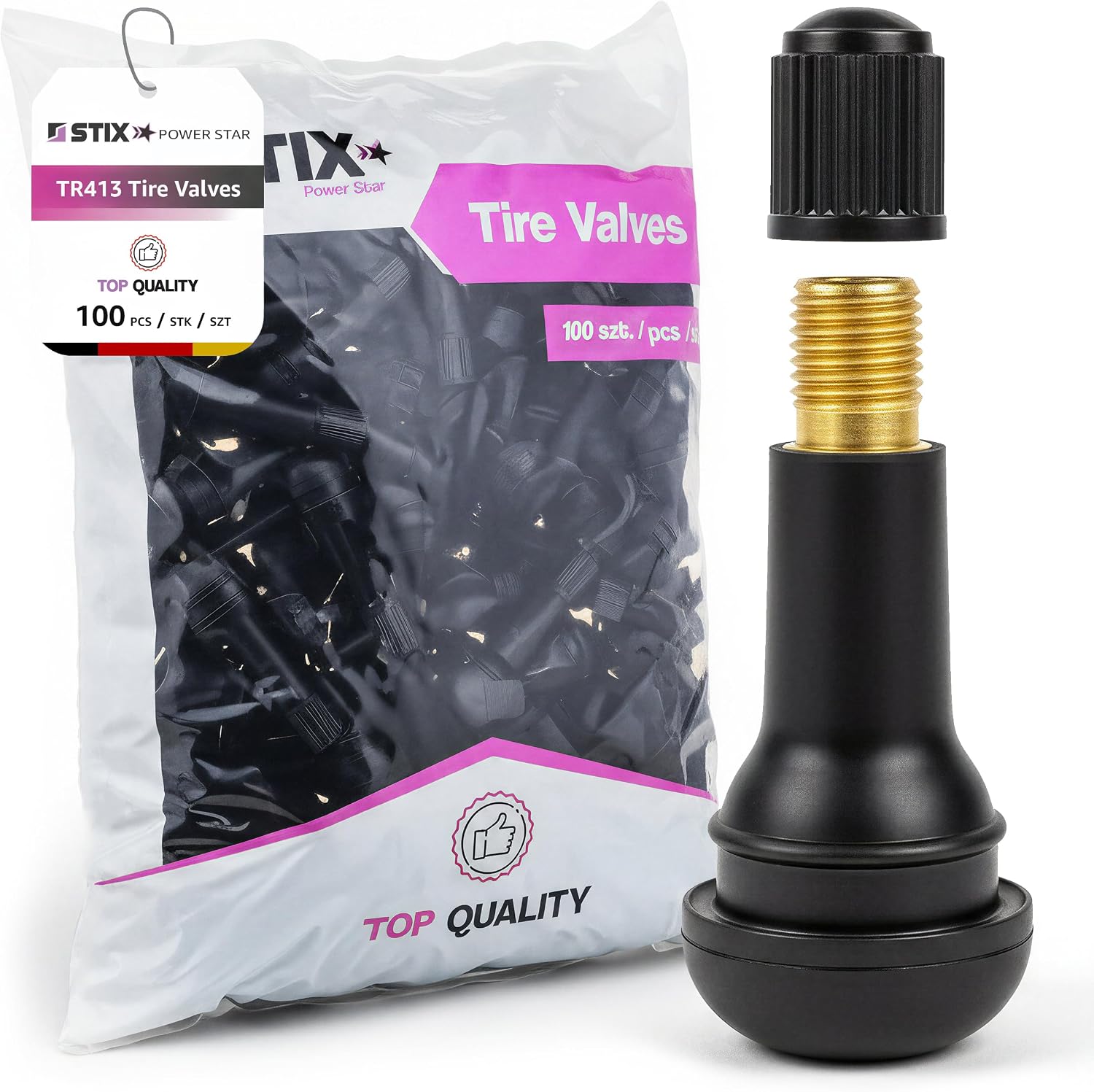 STIX TR413 Valves - Pack of 100 Tubeless Tire Tubeless Tyre Valves Diameter 11.3mm 45mm Height With Valve Core & Cap For Cars & Light Vans