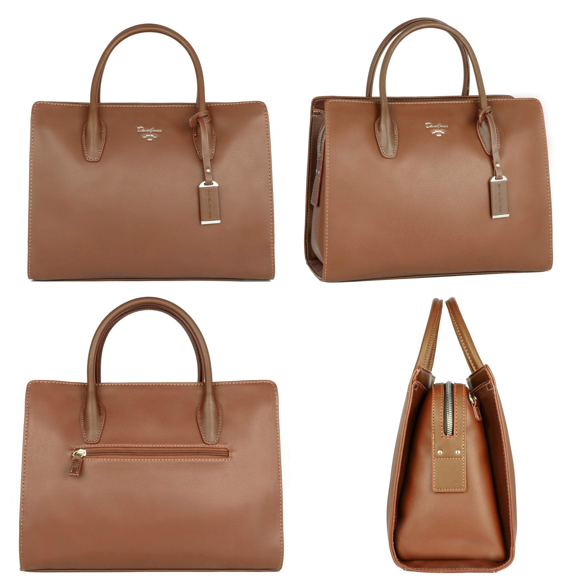 David Jones - Borsa a Mano Elegante Donna - Tote Shopper Bag PU Pelle - Borsa a Spalla Tracolla - Satchel Molte Tasche Scomparti Borsetta Grande - Moda Lavoro Città Ufficio Shopping - Cammello Marrone