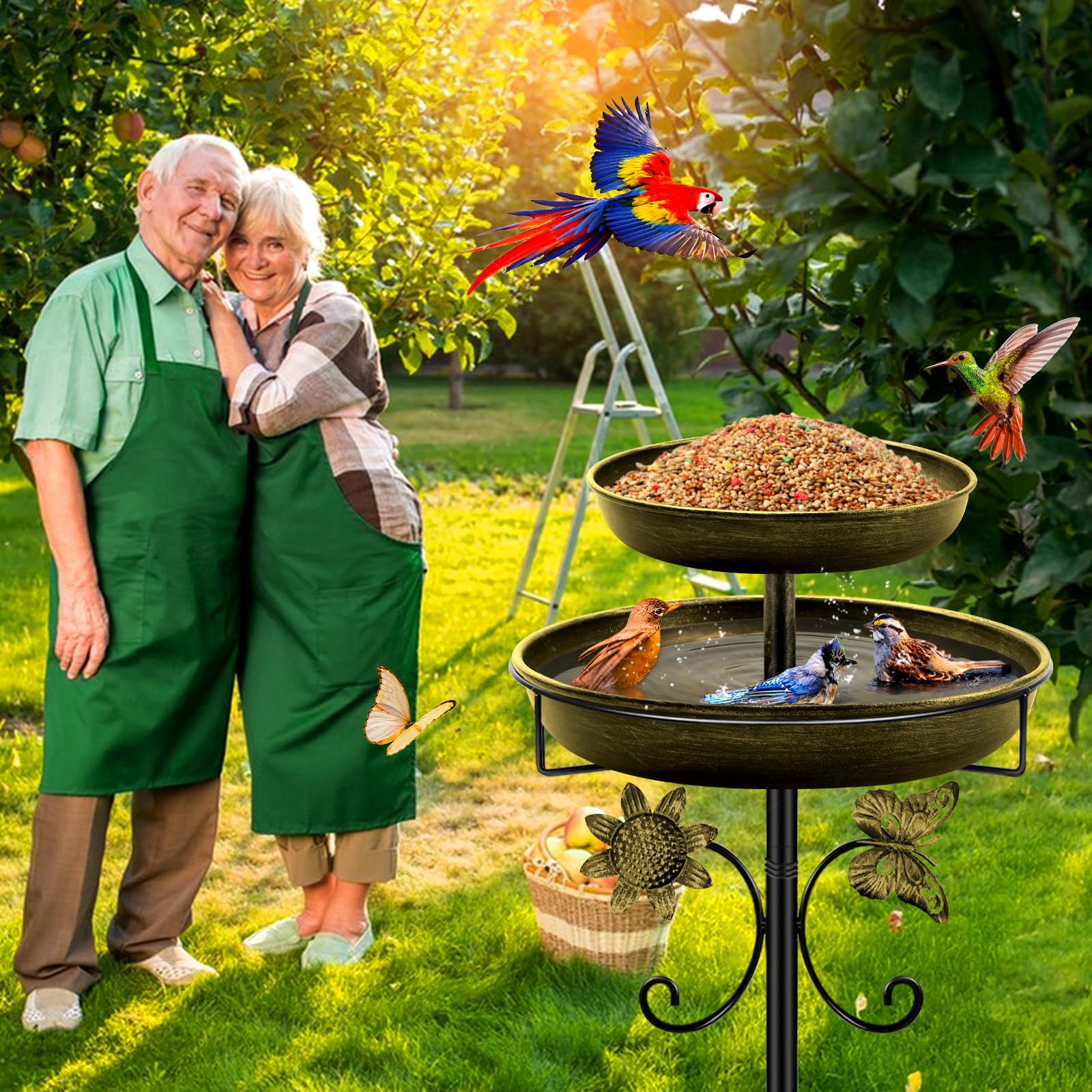 Mngren Abbeveratoio per uccelli in piedi, per esterni, giardino, 2 in 1, in metallo, per uccelli, per uccelli, antiche abbeveratoio per uccelli (oro antico)