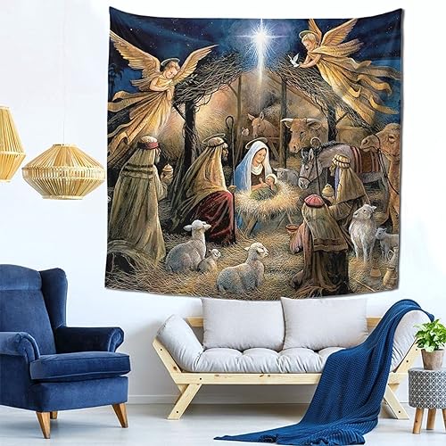 fosgzif Tapiz de poliéster con diseño de ángel de la natividad navideña, arte de pared de moda, decoración del hogar, 59 x 59 pulgadas, tapiz