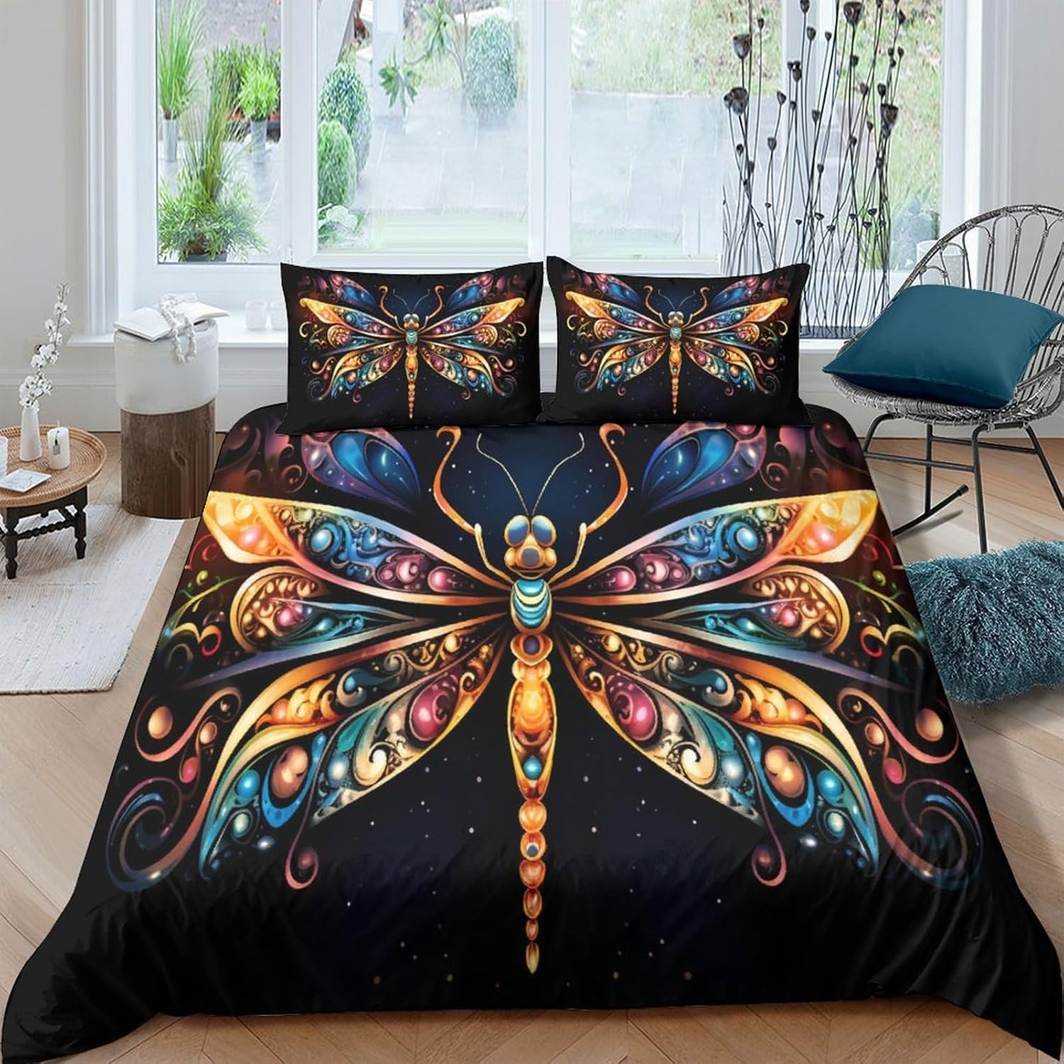 Housse de couette 200x200 libellule en microfibre avec 2 taies d'oreiller