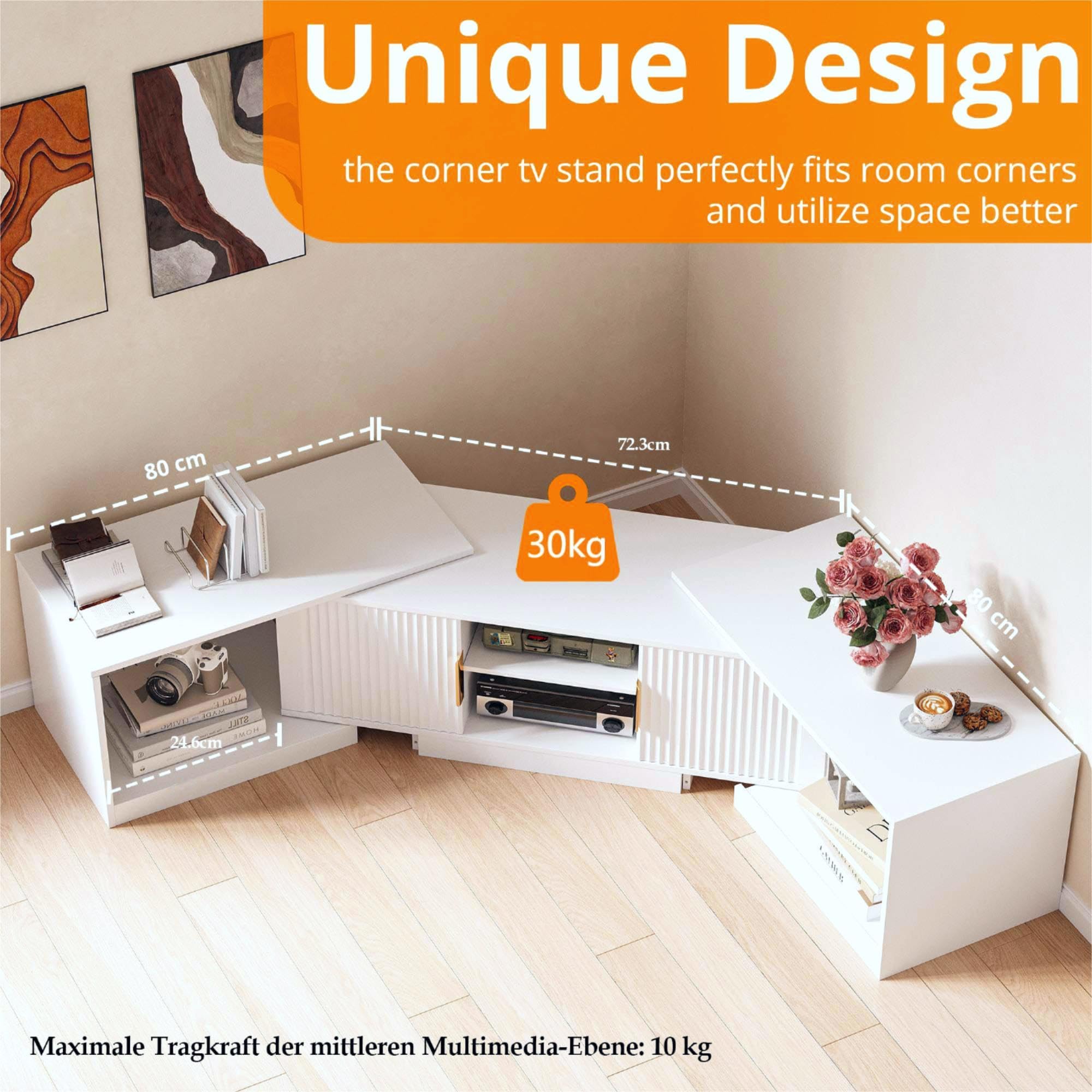 IRONCK Mueble de TV Extensible de 160 a 200 cm, para televisores de 30 a 75 Pulgadas, con Esquina giratoria, de Madera, 2 Puertas y Espacio de Almacenamiento Ajustable, Moderno, para salón, Color