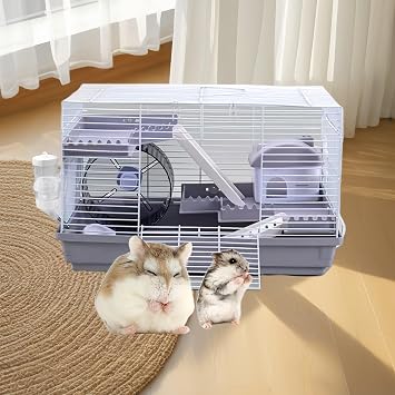Spacious Hamster cage Guinea Pig Cage & Rabbit Cage Pet CageHamster Cage Hamster House,Rat CageHamster Home Small Animal CageStarter Kit Habitat forPet Gerbils, Fun & Interactive Cage(Tea white gray 1