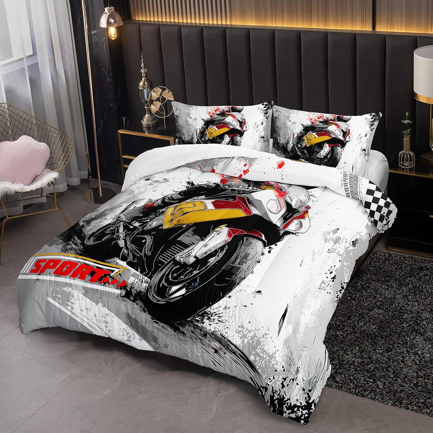 Motorcycle Race Comforter Set Full Size for Boys,Kids Sports Themed Full Size Bedding Set,Sport Themed Bedroom Decor for Boys Kids - Image 2