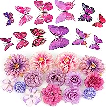 MWOOT 26 Pieces 3D Artificial Flower Heads Butterflies, Small Fake Flowers for Decoration, Fake Rose Carnation for DIY Crown Cake Bouquet Bridal Wedding Party Home Garden (Purple)