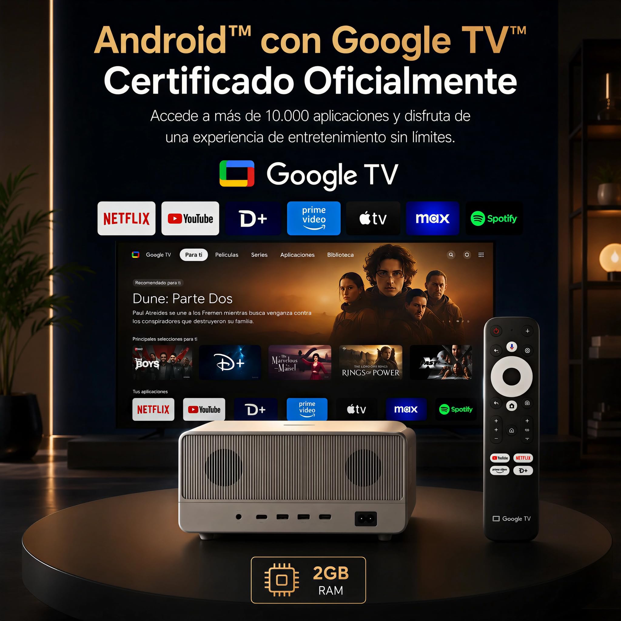 Proyector 4K Nativo 3840x2160p | Google TV Certificado | 8000 Lúmenes | Lente 1.27:1 | WiFi 6 + Bluetooth 5.0 | Auto Focus & Keystone | 8+8W Altavoces | Motor Óptico Sellado | Optimizado para Juegos