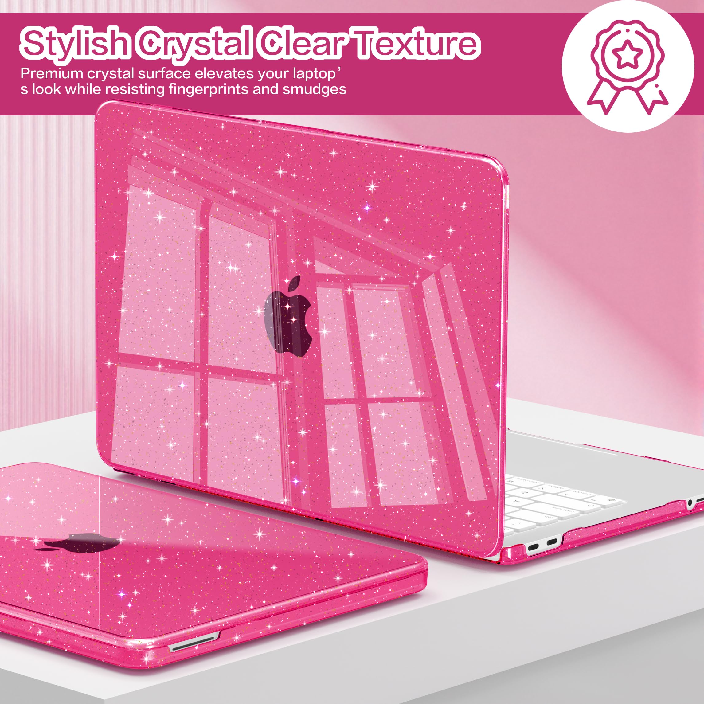 Teryeefi Gltter Schutzhülle für MacBook Neo 13 Zoll (33 cm) 2026 (A18 Pro) Modell A3404, schlanke Schutzhülle und Tastaturabdeckung & Typ-C-Adapter – Sparkly Rose Pink