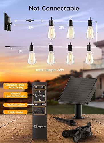 Miniatura 6 de Brightown Tira de luces solares para exteriores, patio de 38 pies con control remoto, 16 bombillas LED inastillables, 3 modos de luz, solar colgante
