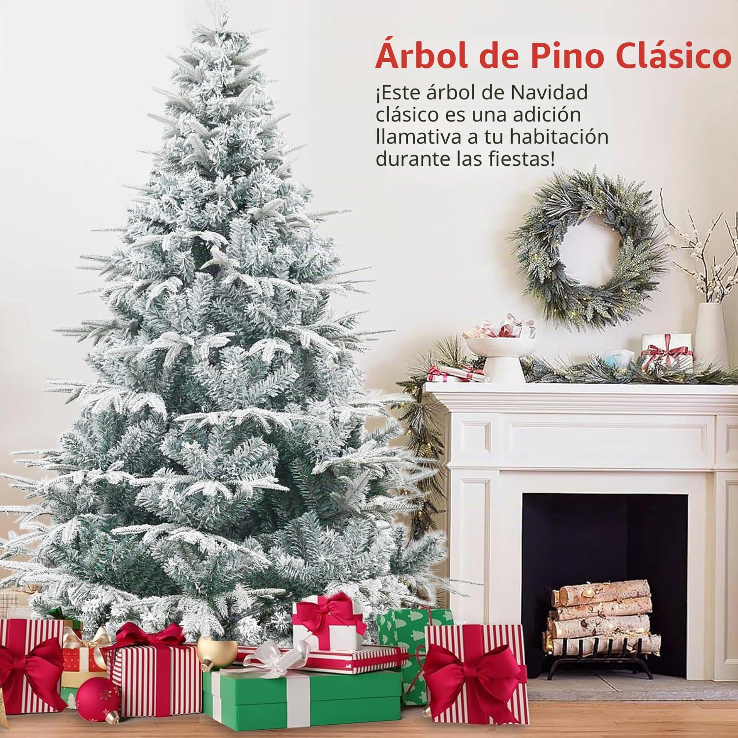7FT árbol de Navidad Artificial Nieve Apilado árbol de Pino, 1080 Puntas de Rama Bisagra PVC/PE Materiales Combinados árbol de Navidad con Base de Metal, Interior Exterior Décor de Vacaciones